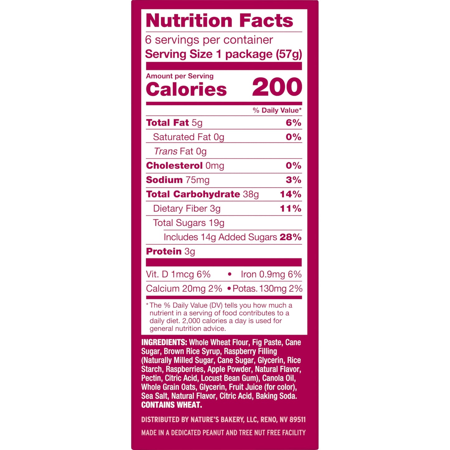Natures Bakery Whole Wheat Fig Bars, Raspberry, Real Fruit, Vegan, Non-GMO, Snack bar, 6 Count (Pack of 6)