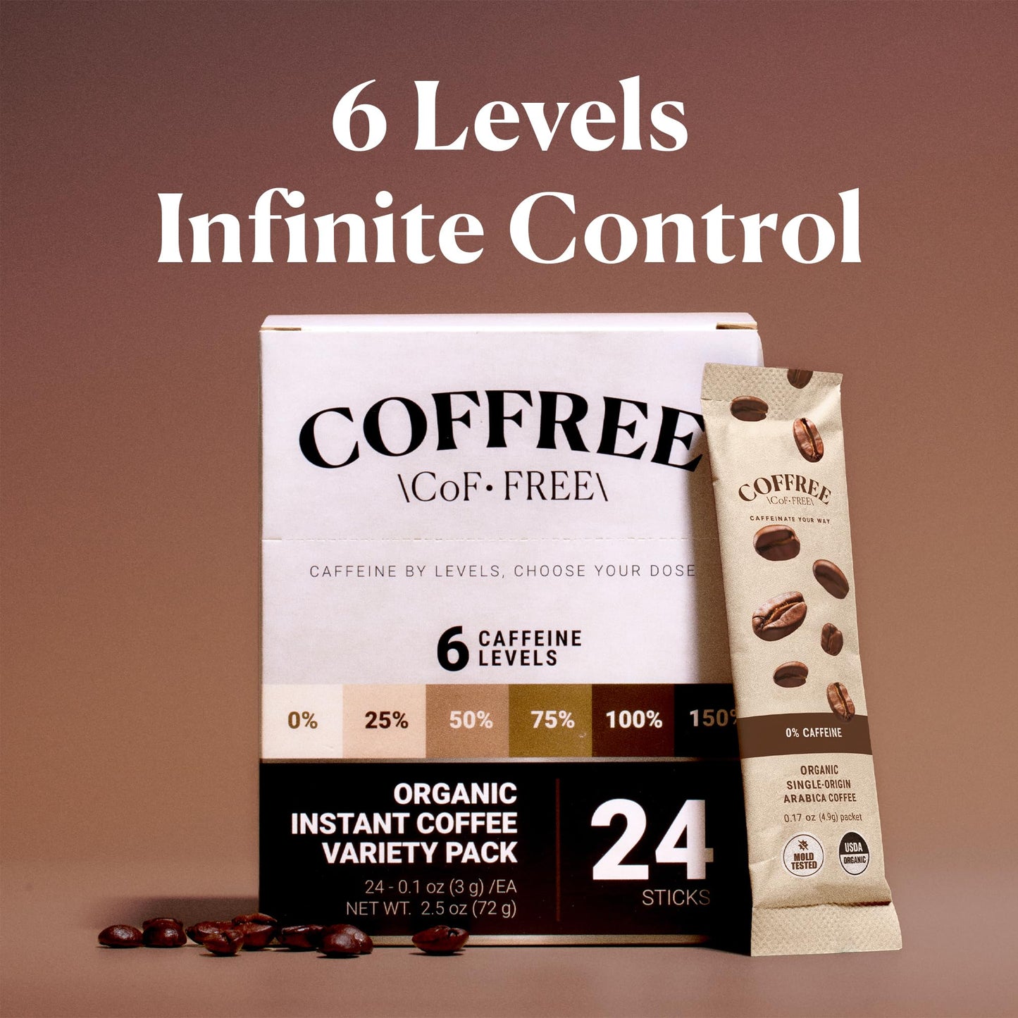 COFFREE Organic Instant Coffee Packets Variety Pack - Convenient Single Serve Coffee Sticks  Mold Free  Low Acid Arabica for On-the-Go Energy - 0-150% Caffeine Options for Hot or Cold Brew - 24 Count