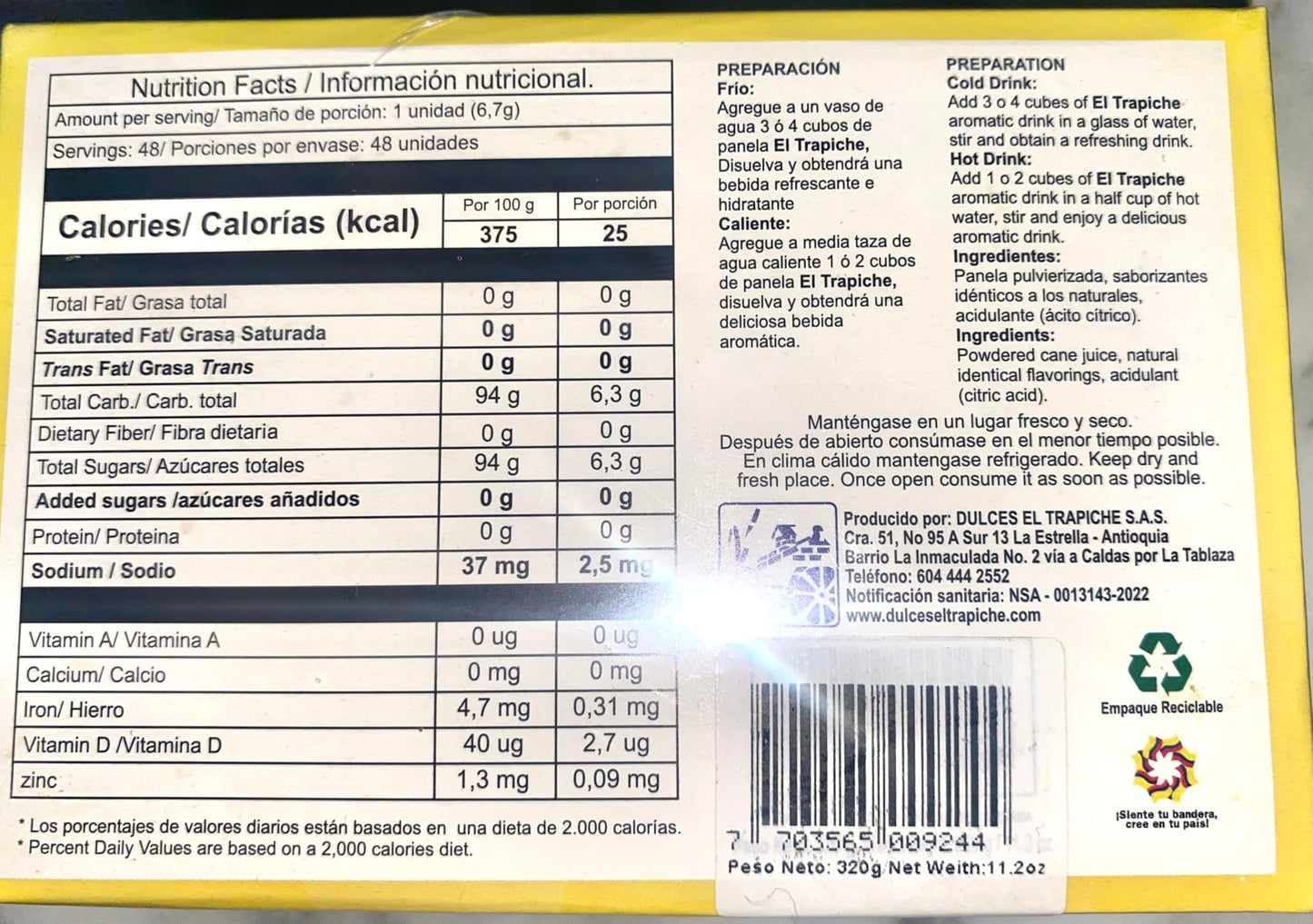 PANELA en cubos Instant  nea saborizada 48 cubos peso neto 320g para tomar en forma de TE, importada de Colombia (Maracuya - Pas