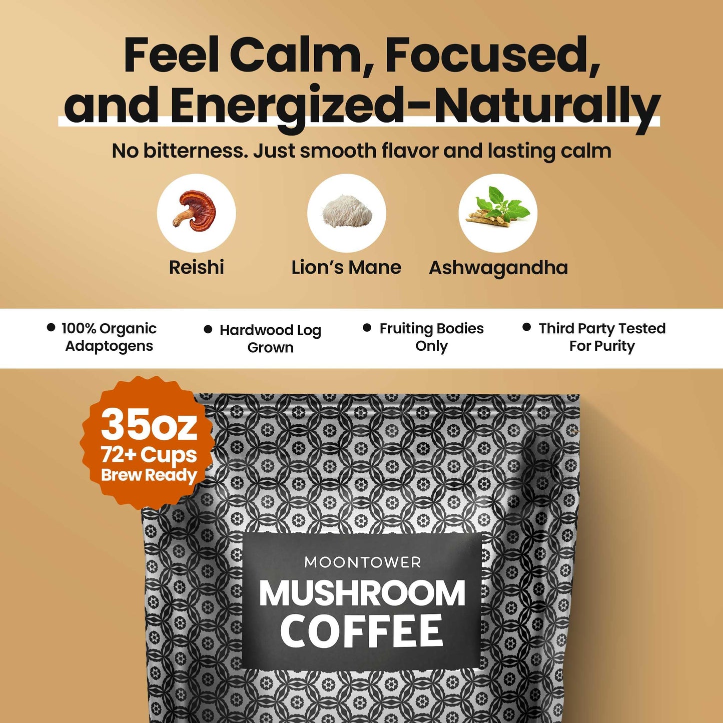 Moontower Mushroom Coffee - Adaptogen Blend with Ashwagandha & Lions Mane, 35 oz Ground Coffee for Focus & Clarity