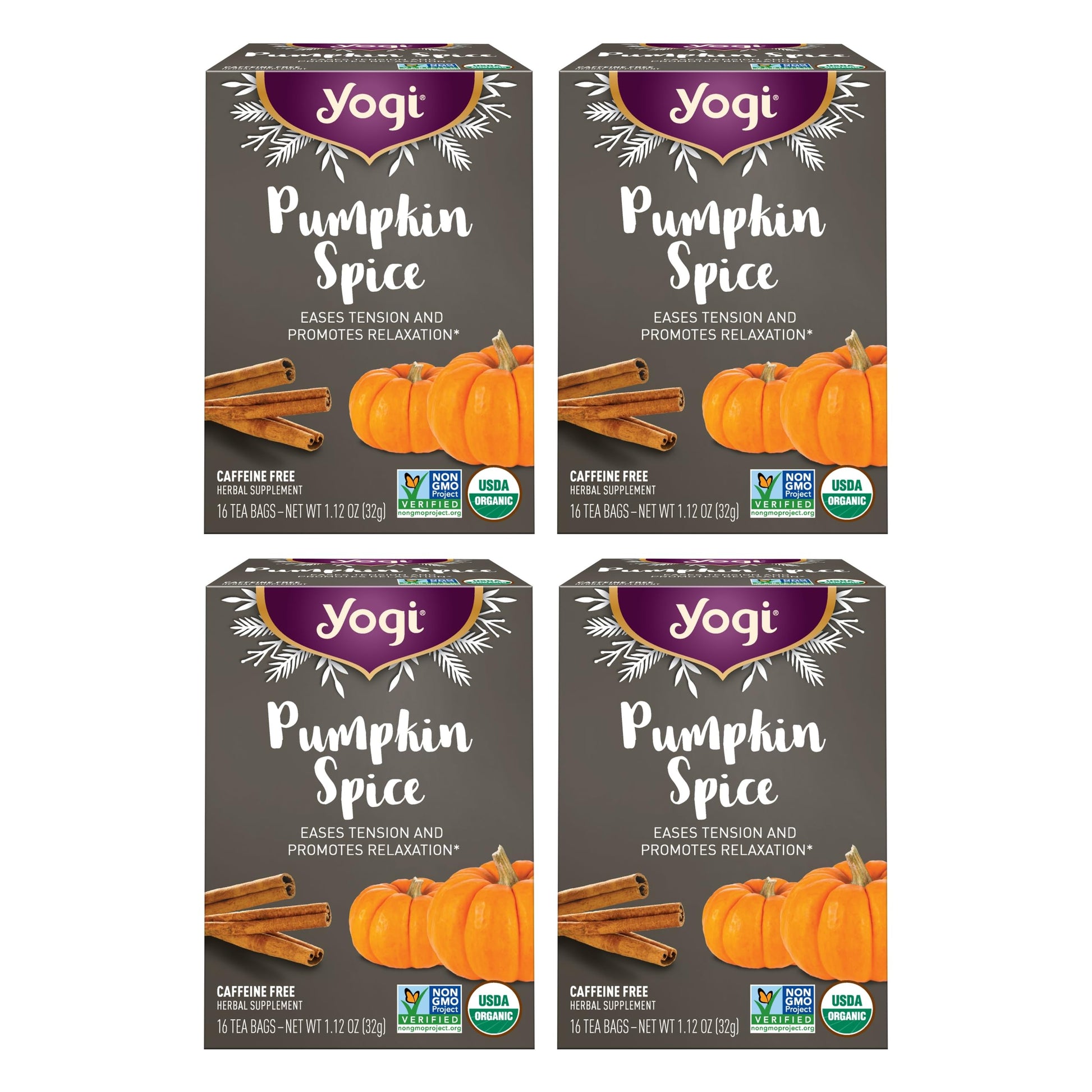 Yogi Tea Pumpkin Spice Tea - 16 Tea Bags per Pack (4 Packs) - Limited Edition Organic Pumpkin Spice Tea Bags - Perfect for the Holidays - Includes Cinnamon Bark  Cardamom Pod  Nutmeg Kernel & More