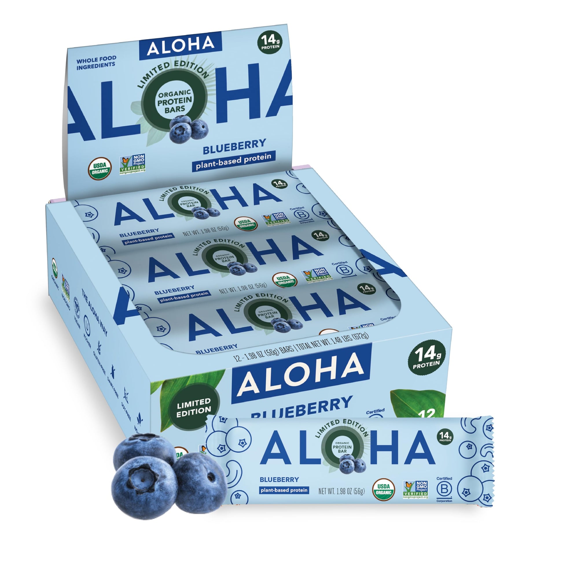 ALOHA Organic Plant Based Protein Bars, Blueberry, Vegan, Low Sugar, Gluten-Free, Low Carb, 12 Count