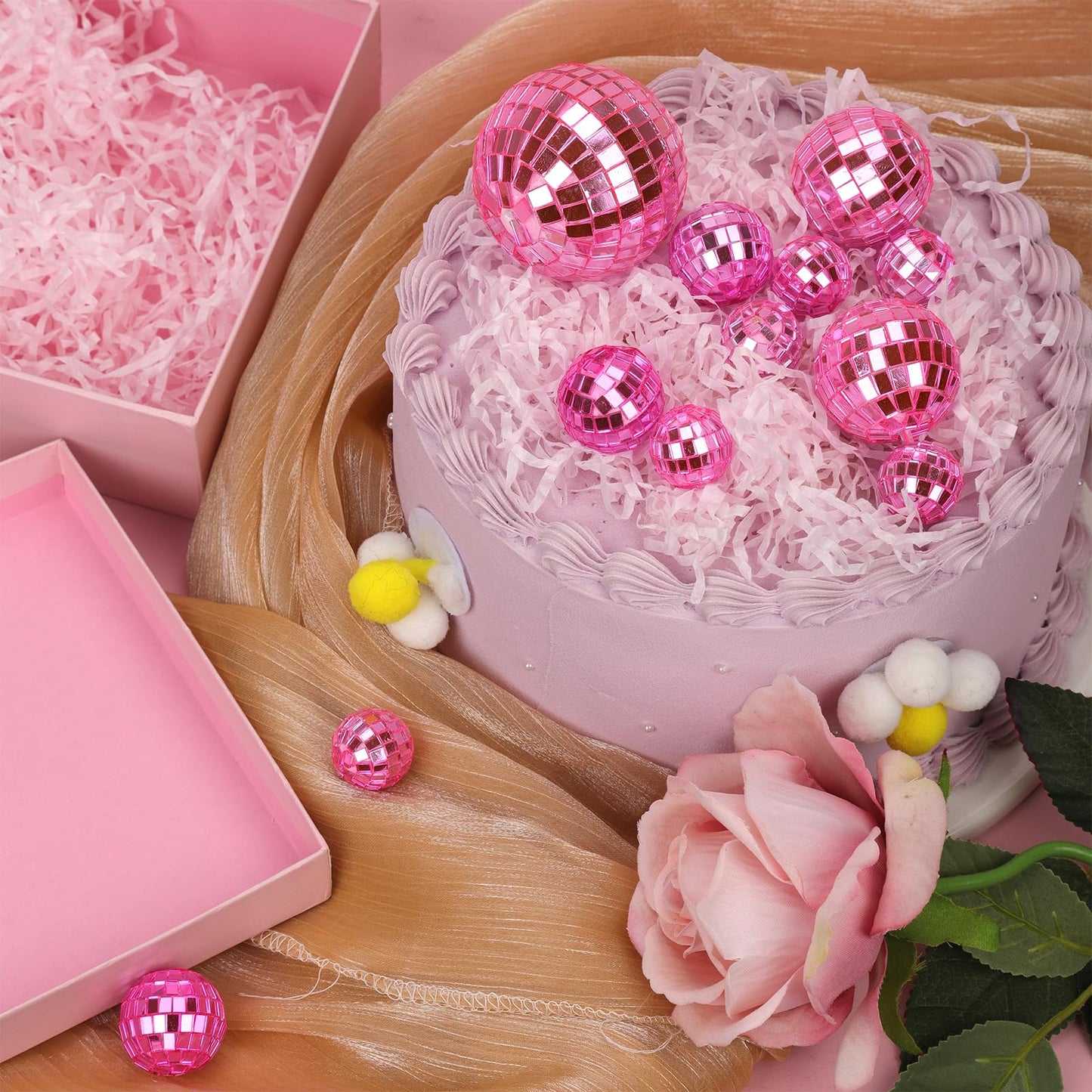 PEUTIER Disco Ball Cake Toppers Set, 12pcs in 4 Sizes, Pink, for Birthday and 70s Theme Parties, Model 04138