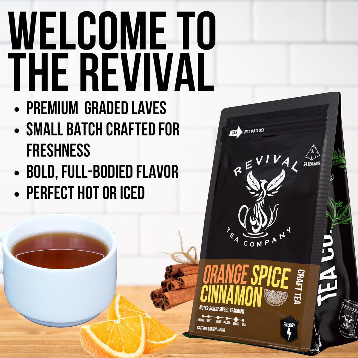Revival Tea Company Orange Spice Black Tea Bags – Caffeinated Cinnamon Orange Blend – 24 Count