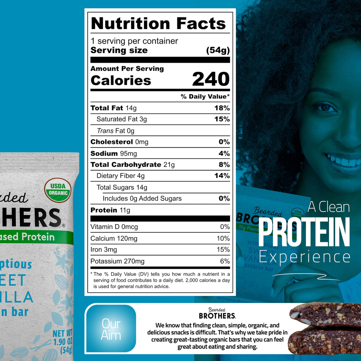 Bearded Brothers Organic Protein Bars, Vanilla (10 Pack) - 11G Of Plant Based Protein Gluten Free Vegan, Non-Gmo Healthy Snacks For Mature-Themeds Good Source Of Fiber