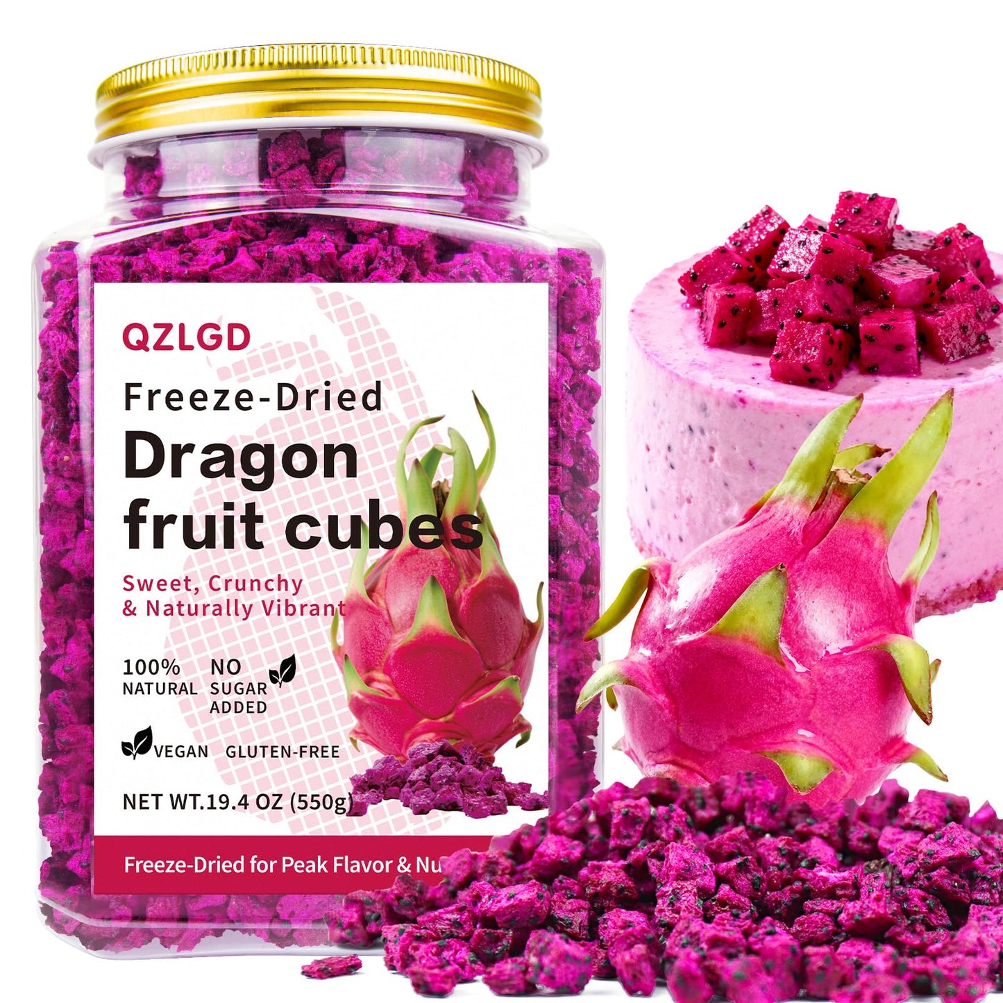 QZLGD Freeze-Dried Dragon Fruit, 19.40Z/550g, Freeze-Dried Fruit, Dragon Frui-t Snacks, No Sugar Added, for Drink, Baking, Break