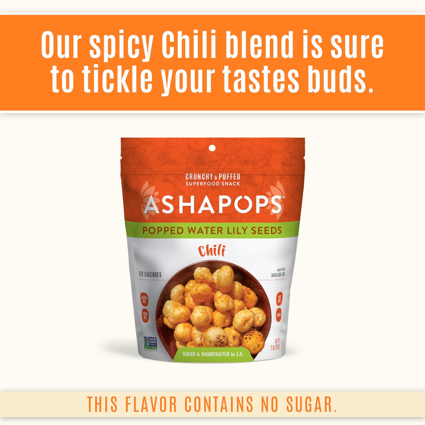 AshaPops Chili Flavored Popped Water Lily Seeds, 1 oz (Pack of 1) - Gluten-Free, Vegan, Paleo, Nut-Free, Corn-Free, Soy-Free, No