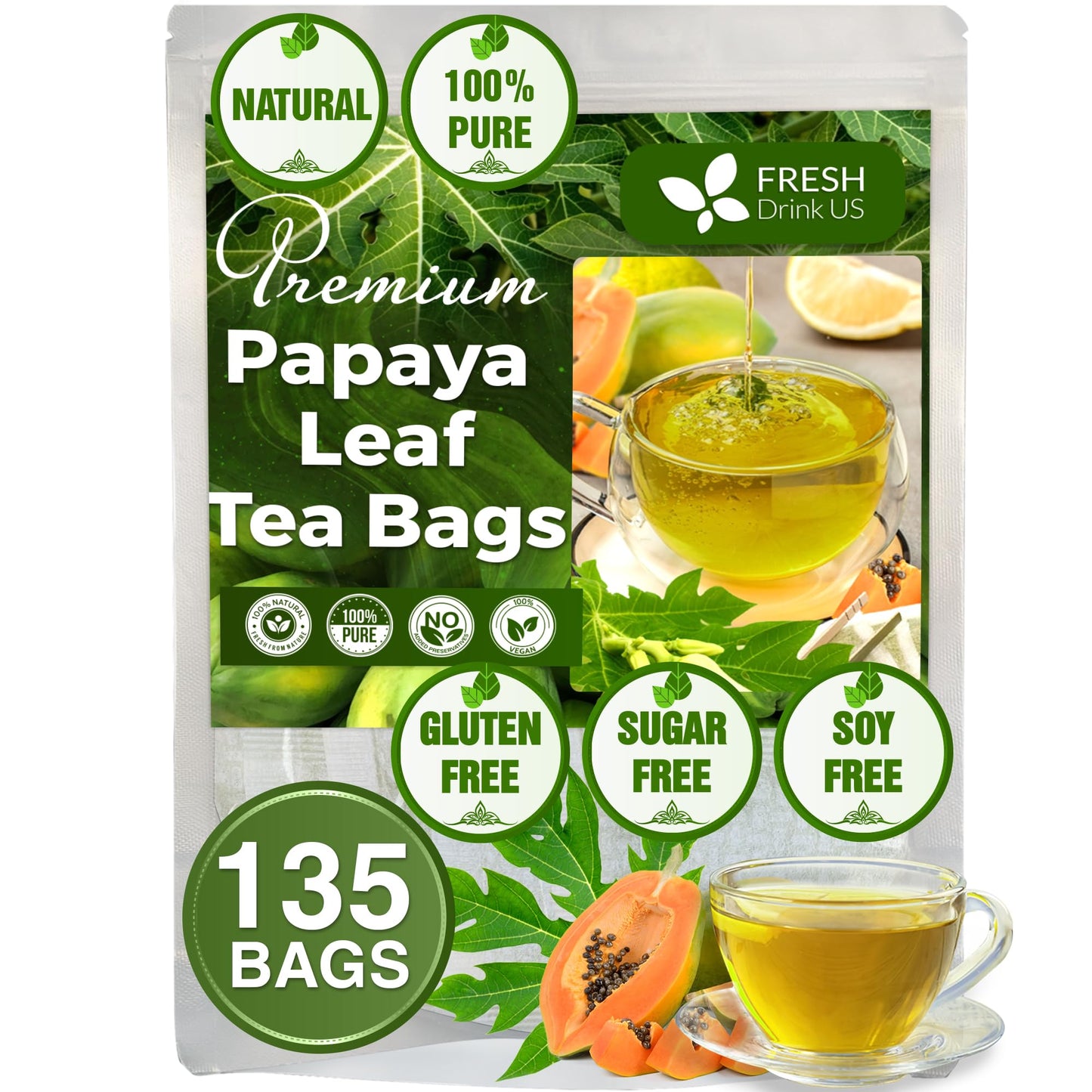 FRESHDRINKUS Papaya Leaf Tea Bags, 100% Natural Herbal Tea, 135 Bags, Vegan, No Caffeine, No Sugar, Gluten-Free