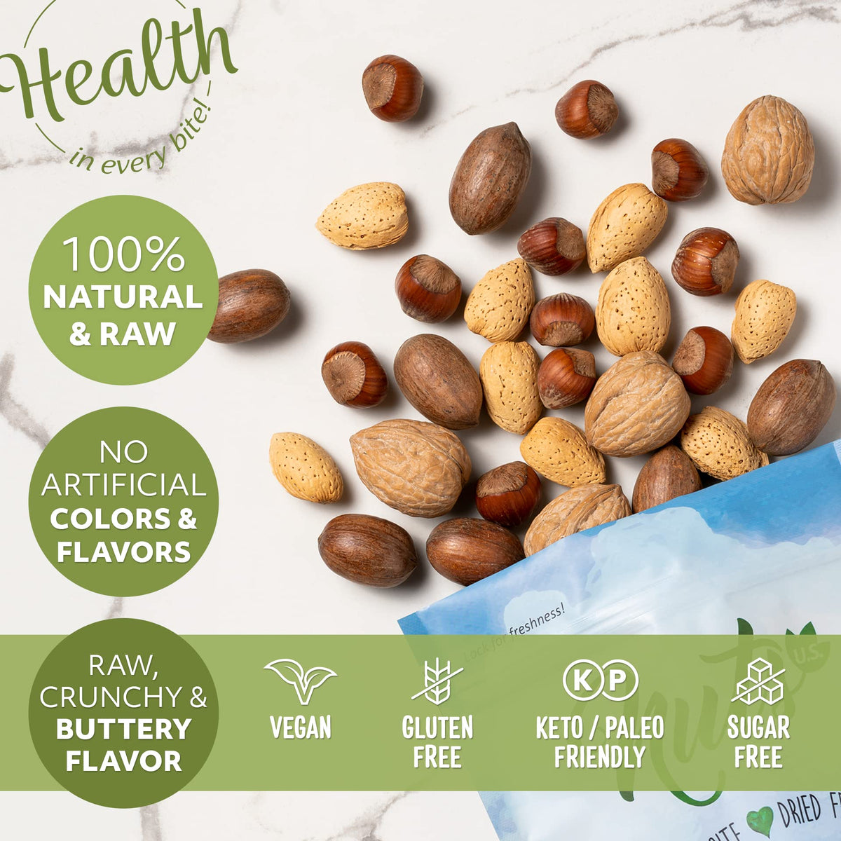 Nuts U.S. – Mixed Nuts In Shell (Almonds, Walnuts, Hazelnuts, Pecans) | No Added Colors And No Artificial Flavors | Fresh Buttery Taste And Raw |Packed In Resealable Bags!!! (1 Lb)