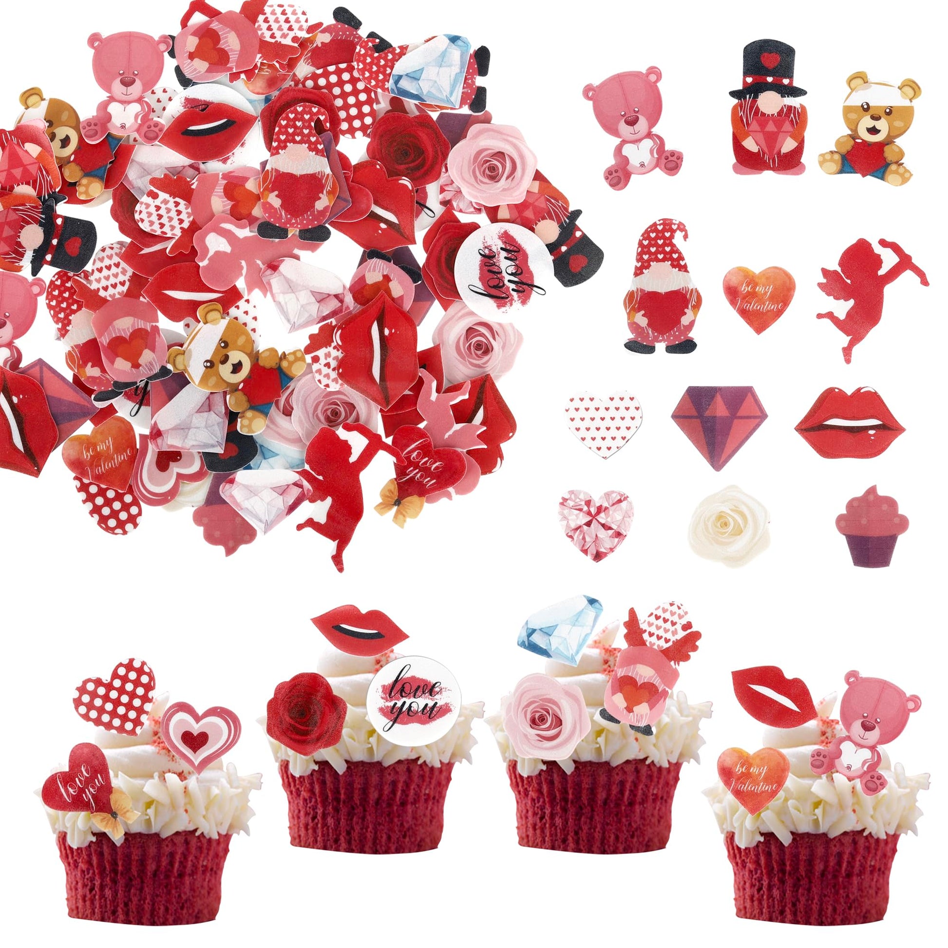 Rsstarxi Edible Valentines Day Cupcake Toppers, Heart Bear & Cupid Design, 72 Pack, Paper, Design 17