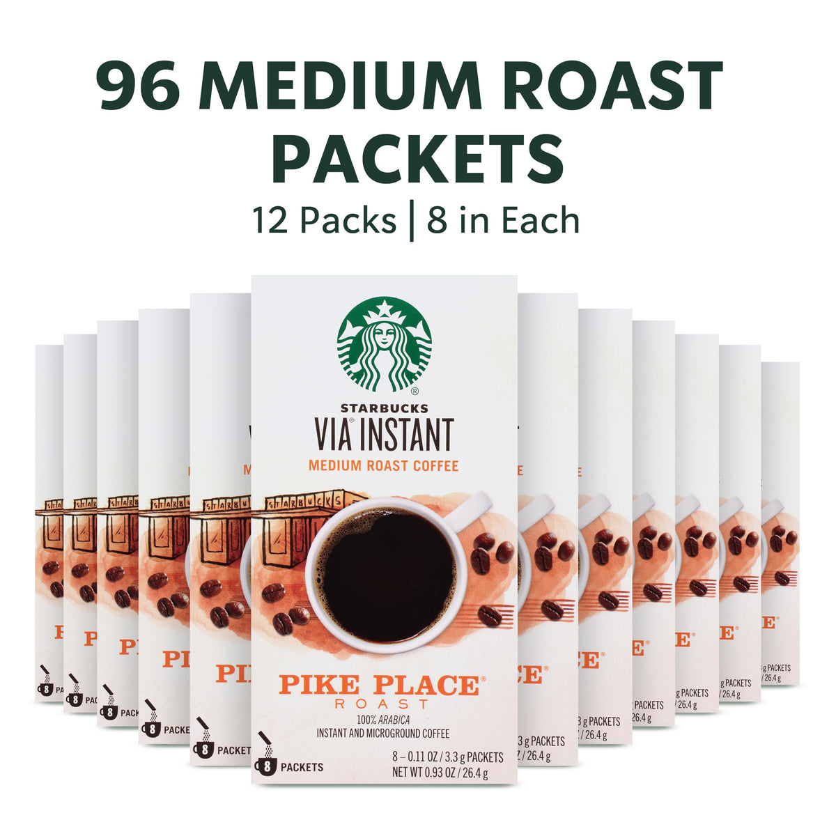 Starbucks VIA Instant Coffee, Medium Roast, Pike Place, 12 Boxes (96 Packets Total)