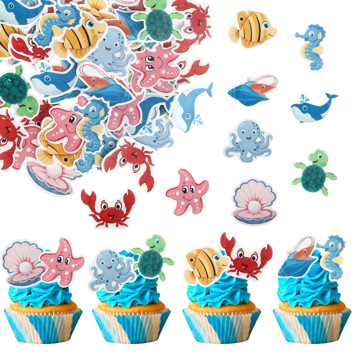 Rsstarxi Edible Ocean Animal Cupcake Toppers 56 Pack, Paper, 2.1x1.2 inches, Sea Ocean Theme, Design 15