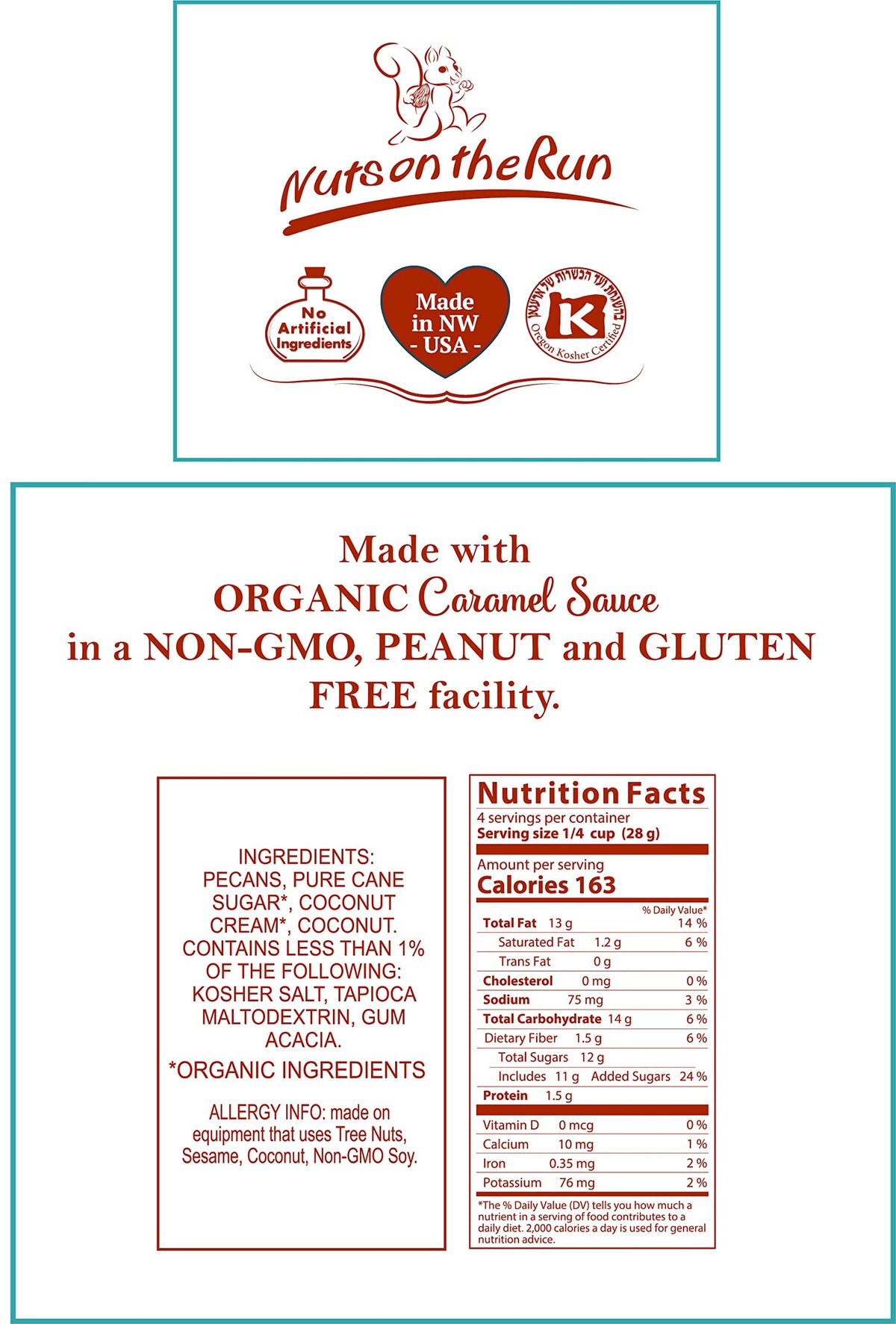 Nuts on the Run Sea Salt Caramel Pecans - Vegan, Gluten-free, Kosher - 4oz (Pack of 6 Bags)