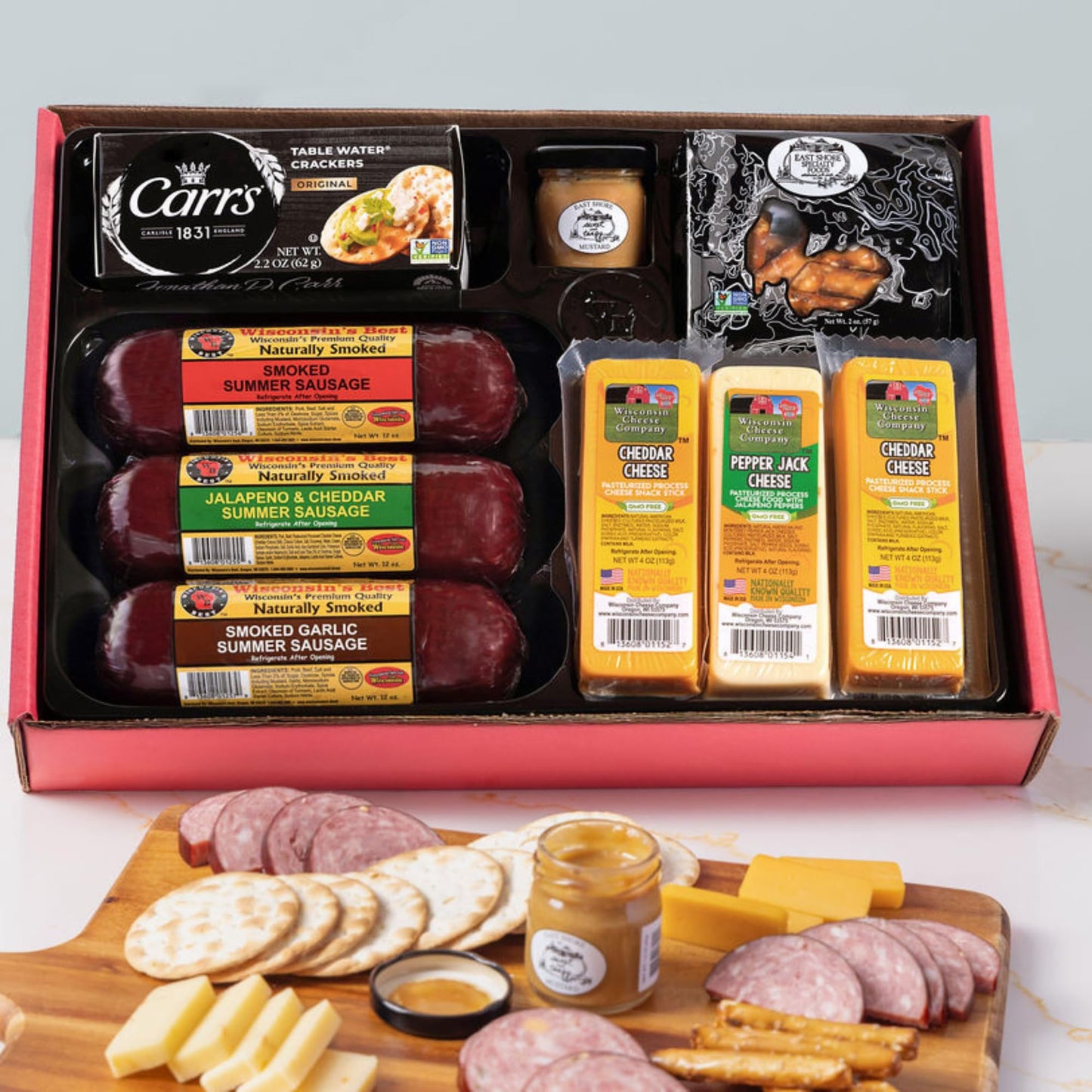 Party Gift Basket - Features Smoked Summer Sausages 100% Wisconsin Cheeses ers Pretzels & Mustard | Perfect for Tailgating