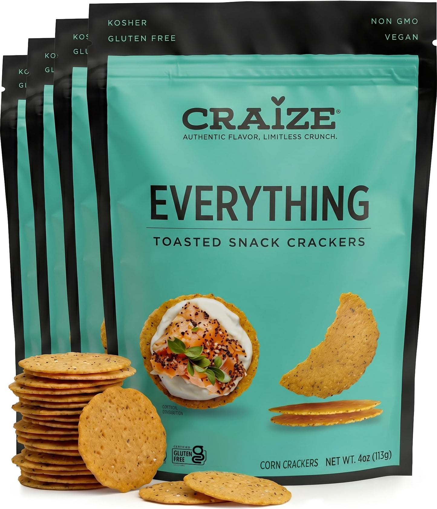 Craize Everything Crisps | Gluten Free, Vegan, Kosher, Toasted Corn Crackers | 4 pack, 4 oz each