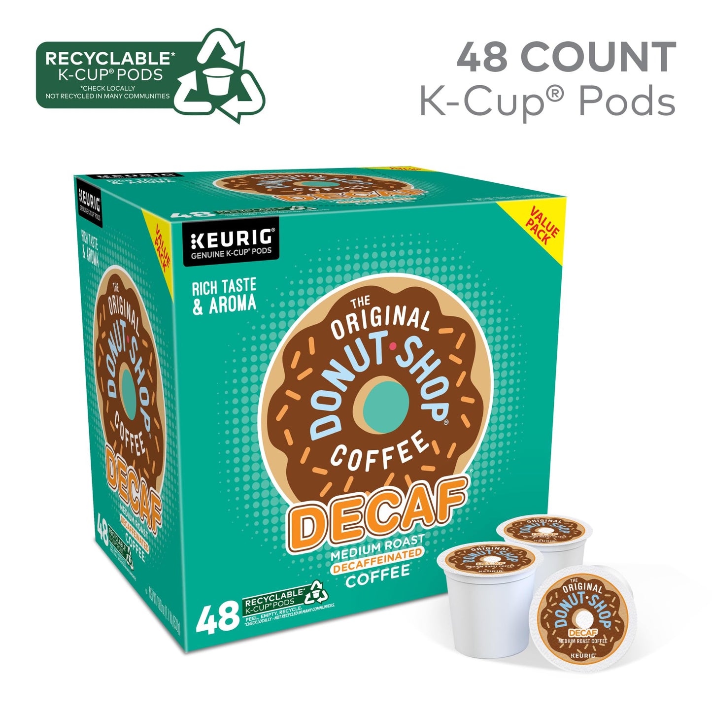 The Original Donut Shop Decaf Medium Roast Coffee K-Cup Pods, 48 Count