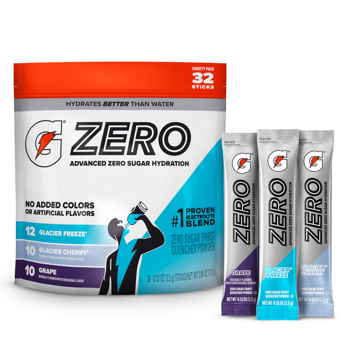 Gatorade Zero Sugar Powder, 3 Flavor Variety Pack, (32 Servings)