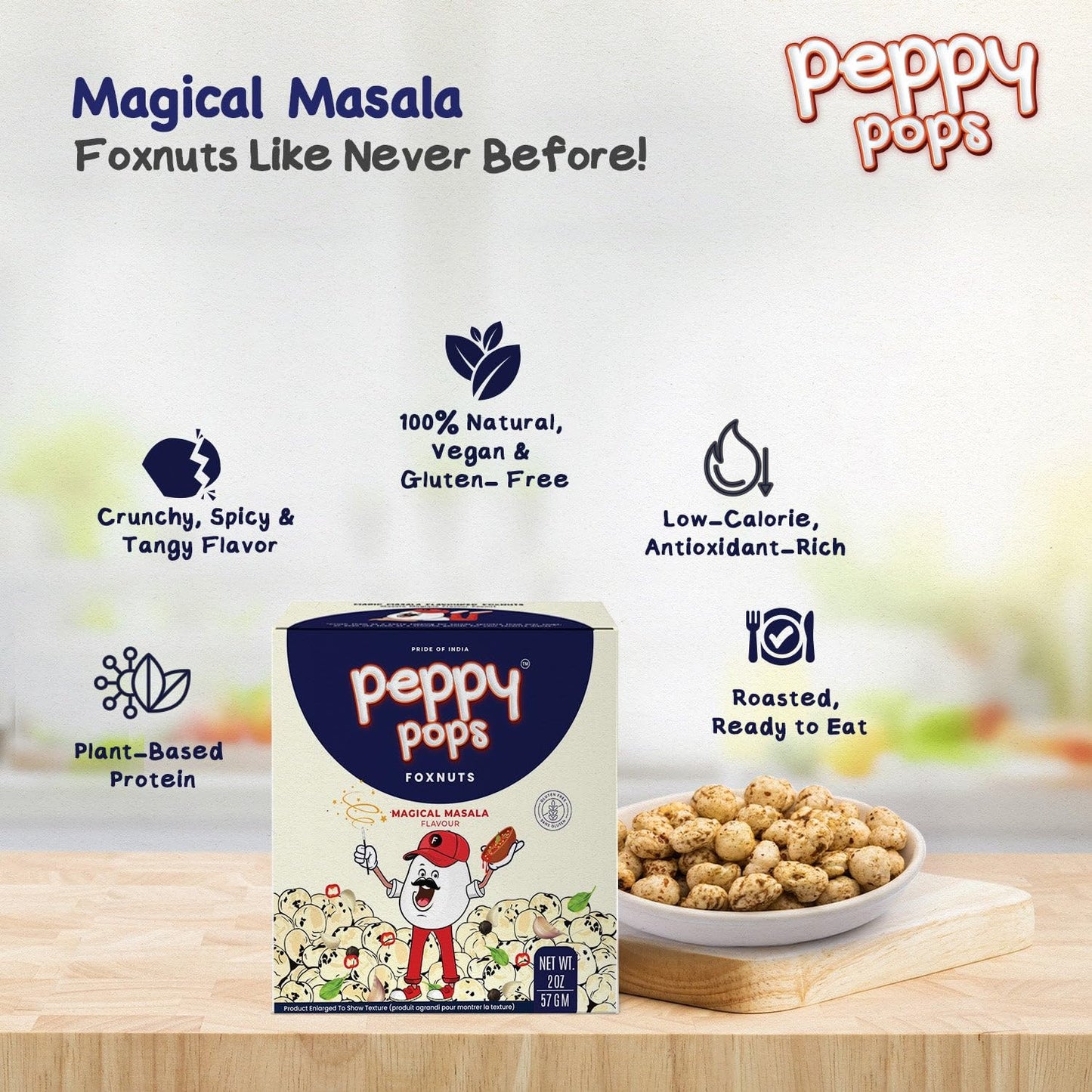 Peppy Pops Magical Masala Roasted Foxnuts 2 oz (57 gm) - Crunchy Makhana Snack, Vegan Gluten Free Protein Snack Pack, Low Calori