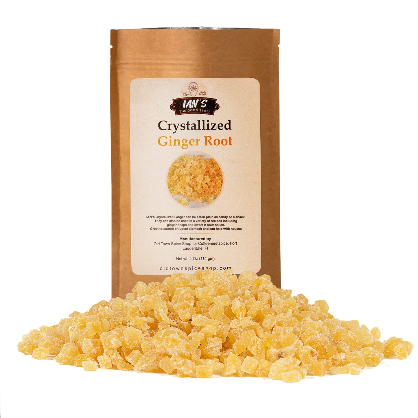 Crystallized Ginger Pieces (4oz) - Ginger Chews - Candied Ginger for Nausea - Ginger Candy - 100% Made in the USA from IANS & O