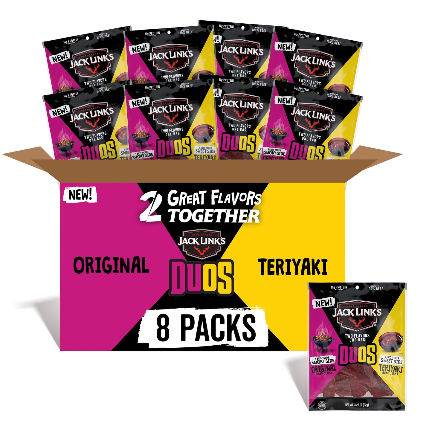 Jack Link's DUOs Original and Teriyaki Beef Jerky, Shareable Under 100 Calories Snack Packs with 11g of Protein, Feed Your Beast