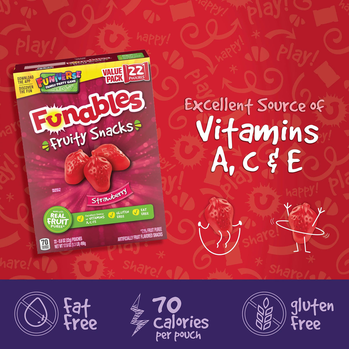 Funables Fruit Snacks, Strawberry Fruit Flavored Snacks, 0.8 Ounce Pouches (22 Count) (Pack of 2)