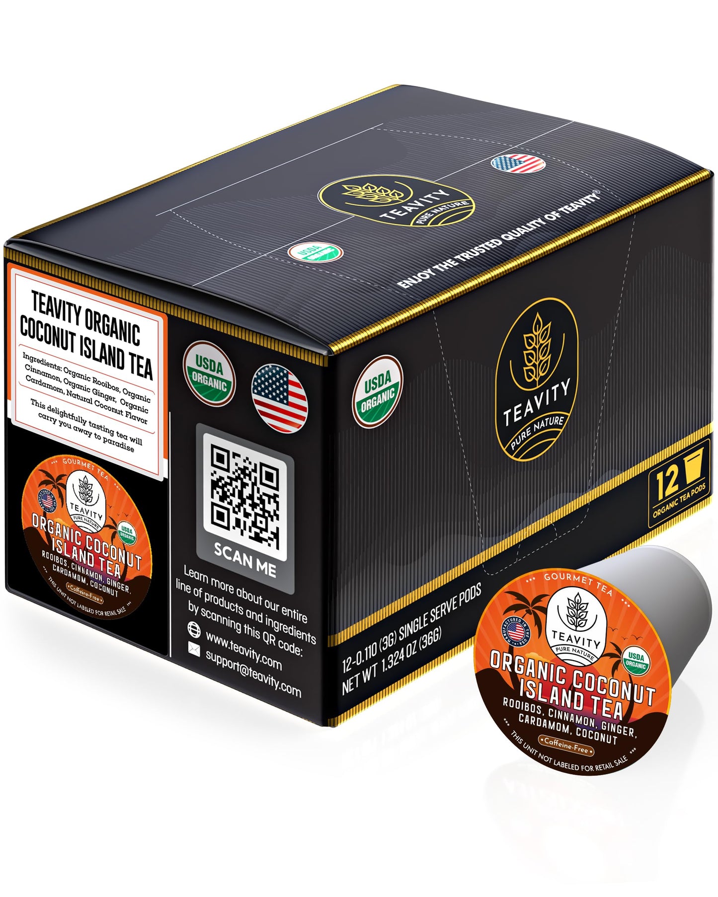 Coconut Rooibos Tea Pods For Keurig - Organic Ginger Tea, Rooibos, Cinnamon, Cardamom, Coconut By Coconut Island Teavity (12 Tea