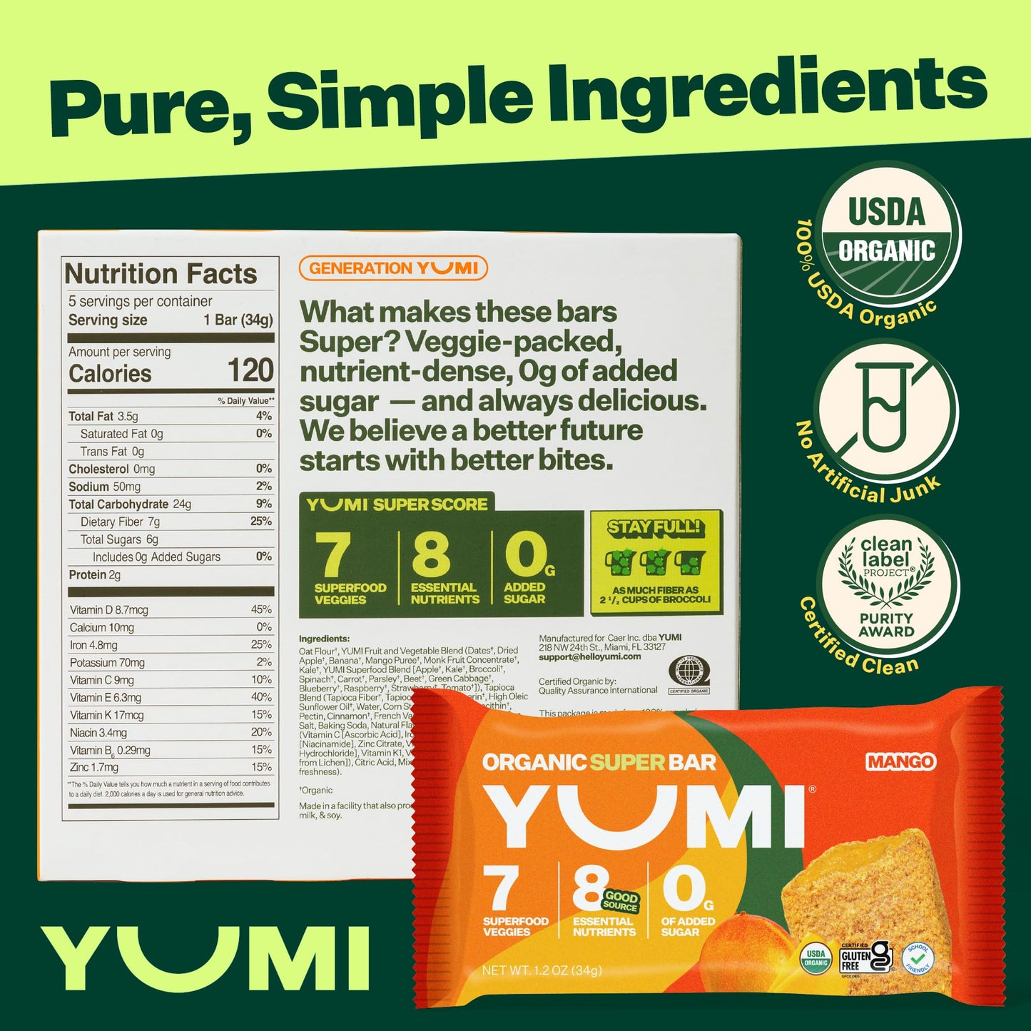 YUMI Organic Breakfast Superbar, Gluten-Free, No Added Sugar, 30ct, Mango Flavor