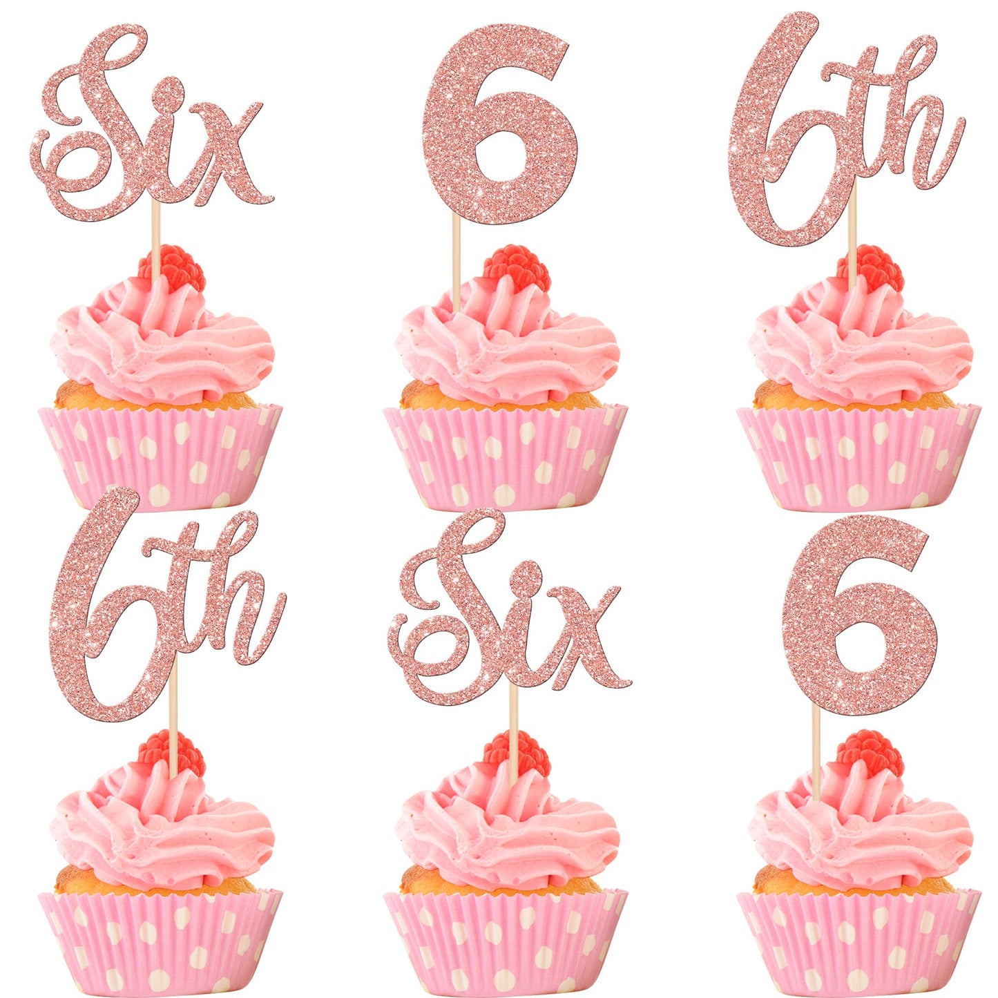 24 PCS Six Cupcake Toppers Glitter 6th Birthday Cupcake Picks Number 6 Cupcake Decorations for Baby Shower Kids 6th Birthday Ann