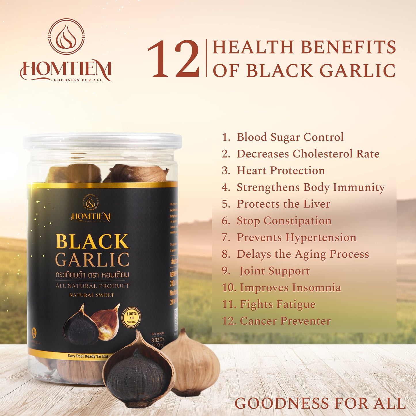 Homtiem Black Garlic 8.82 Oz (250g.), Whole Black Garlic Fermented for 90 Days, Super Foods, Non-GMOs, Non-Additives, High in An