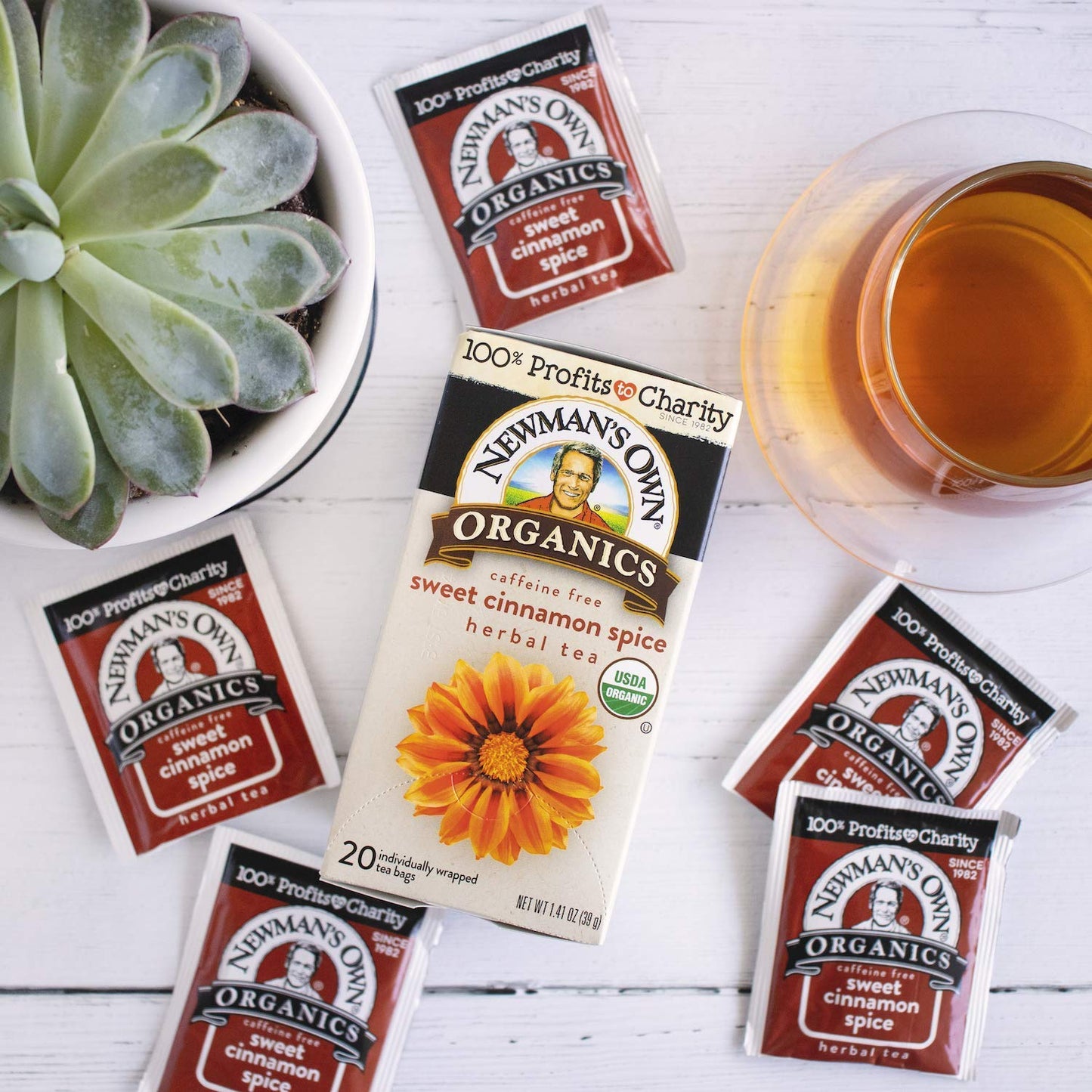 Newmans Own Organic Sweet Cinnamon Spice Herbal Tea - Caffeine-Free Rooibos with Organic Ginger - 20 Individually Wrapped Bags - 4 Count