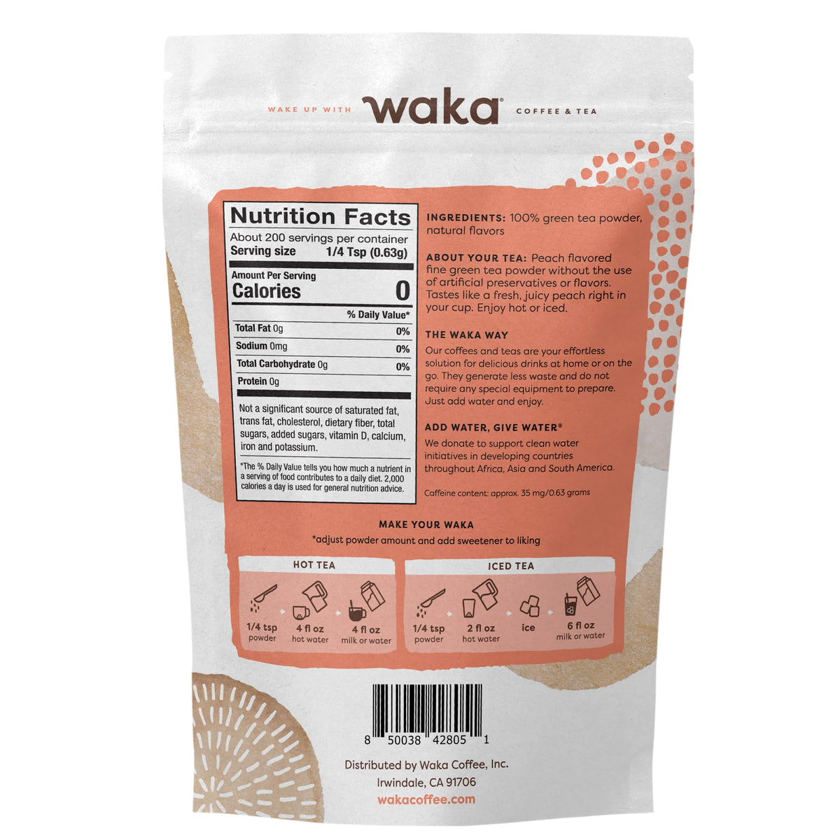 Waka Instant Green Tea Mix, Peach Flavored - 100% Tea Leaves, No Additives, Unsweetened Tea Powder In Bulk Pouch - Easy Quick Ho