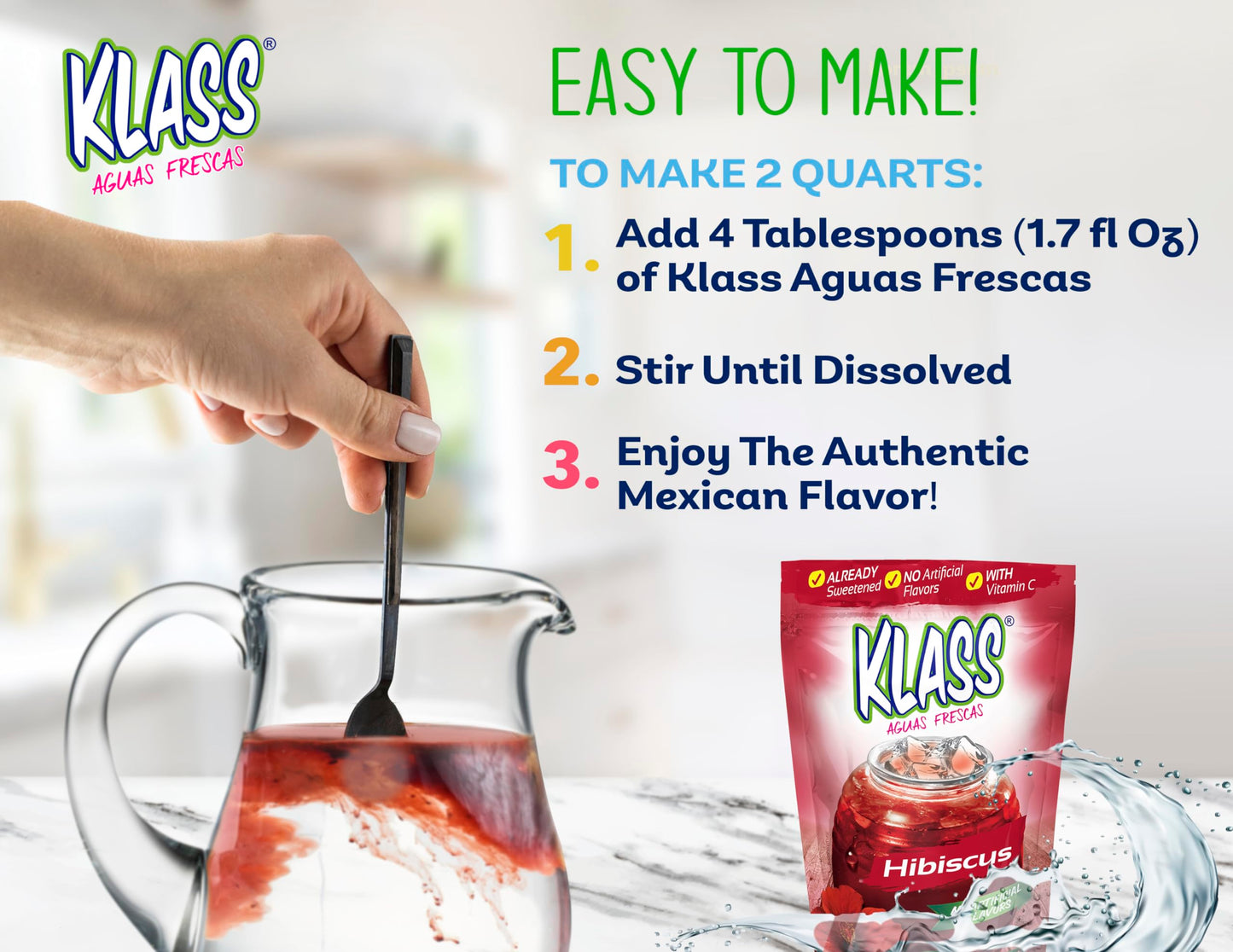Drink Mix Hibiscus | Klass Aguas Frescas | Flavors From Natural Sources, No Artificial Flavors, With Vitamin C (Makes 7 to 9 Qua