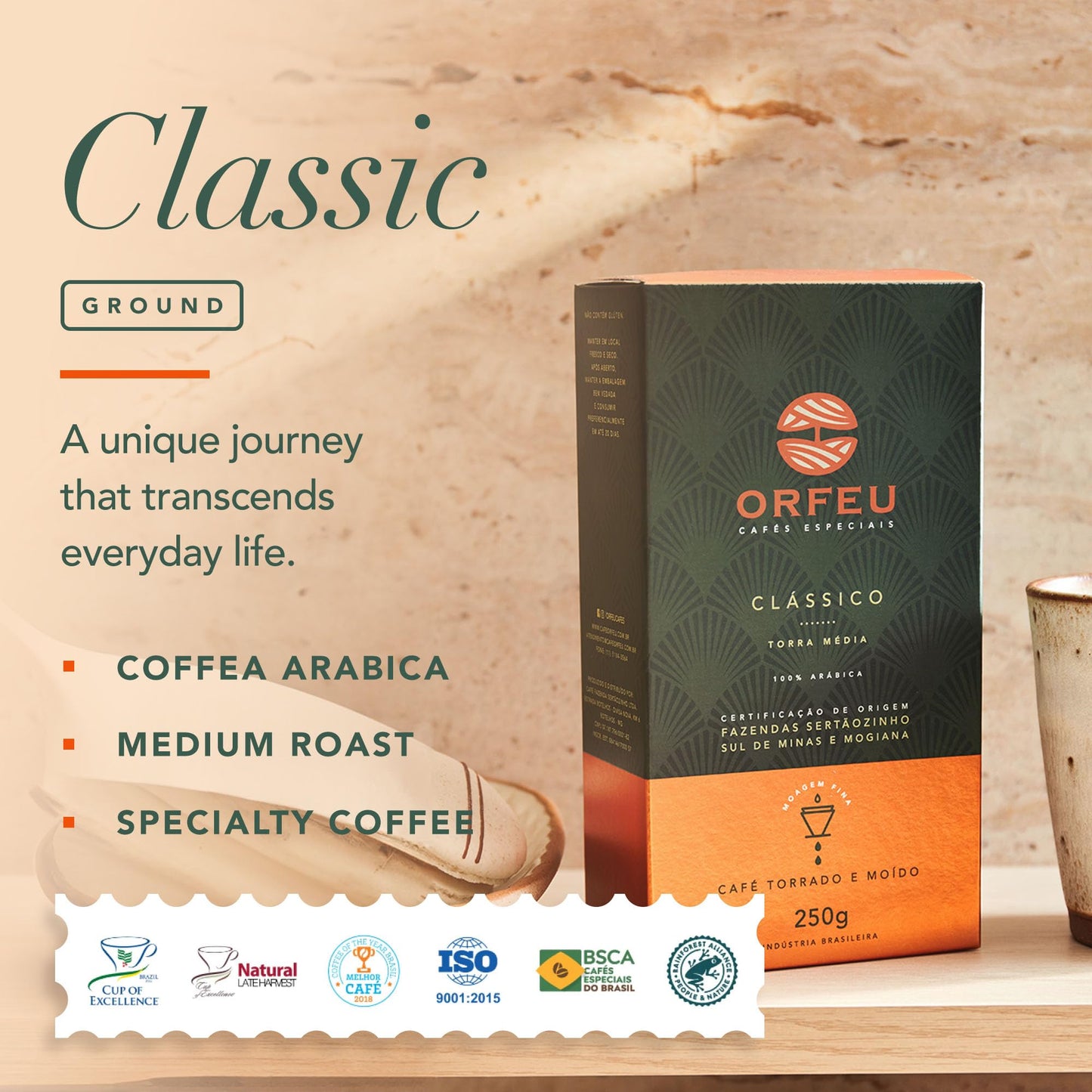 CAFÉ ORFEU Special Coffee - 100% Arabica, Medium Roast, Floral & Fruity Aroma - 8.8oz, Model: 12EMBALADO À VÁCUO