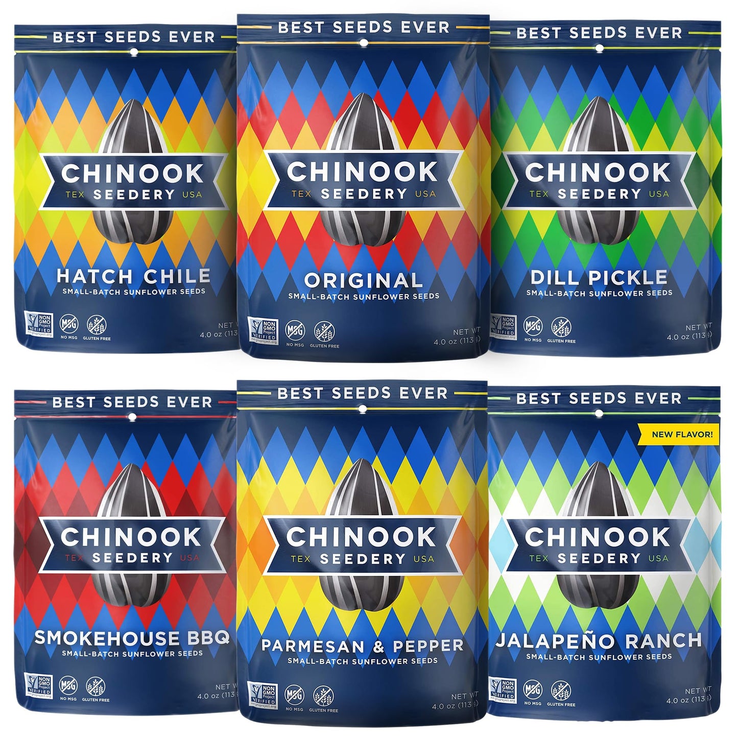 Chinook Seedery Flavored Sunflower Seeds Variety Pack of 6, 4oz - Sunflower Seeds to Eat - Keto, Low Sodium, Jumbo, Roasted, Bas