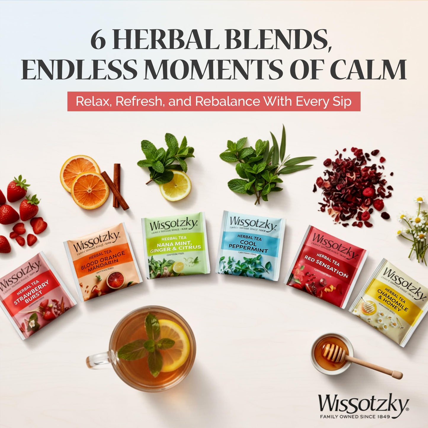 Wissotzky Herbal Tea Variety Pack Sampler - Caffeine-Free Gift Box with 6 Flavors, 42 Individually Wrapped Bags - Ideal for Holidays & Gifting