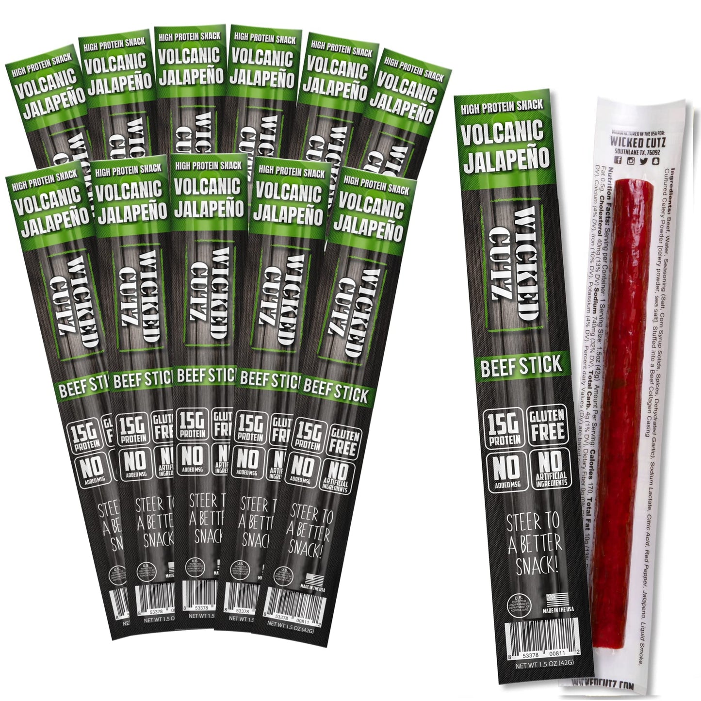 Wicked Cutz Spicy Beef Sticks, Extra Large, 15g Protein, Gluten Free, 1 Ounce (Pack of 12)