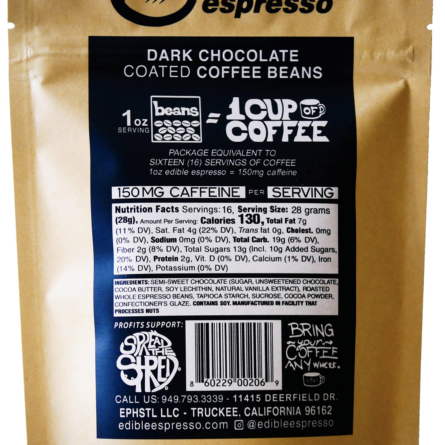 Edible Espresso Dark Chocolate Covered Coffee Beans, 150mg Caffeine, Plant-Based, Dairy-Free, 16 Ounce (Pack of 1)