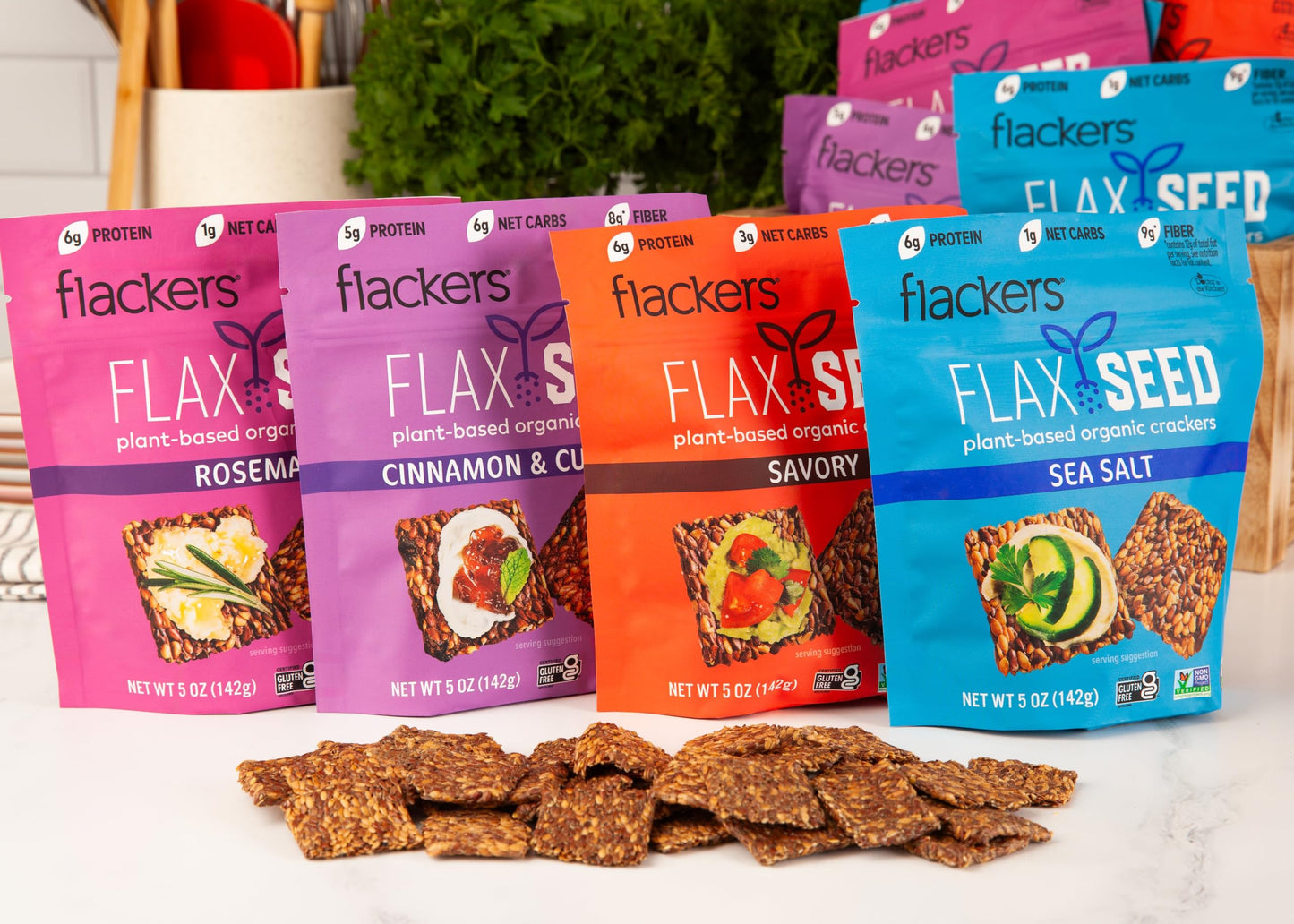 Flackers Organic Flax Seed  ers Variety Pack - Sea Salt, Rosemary, Savory & Cinnamon, Gluten Free, Vegan, 5 Ounce (Pack of 4)