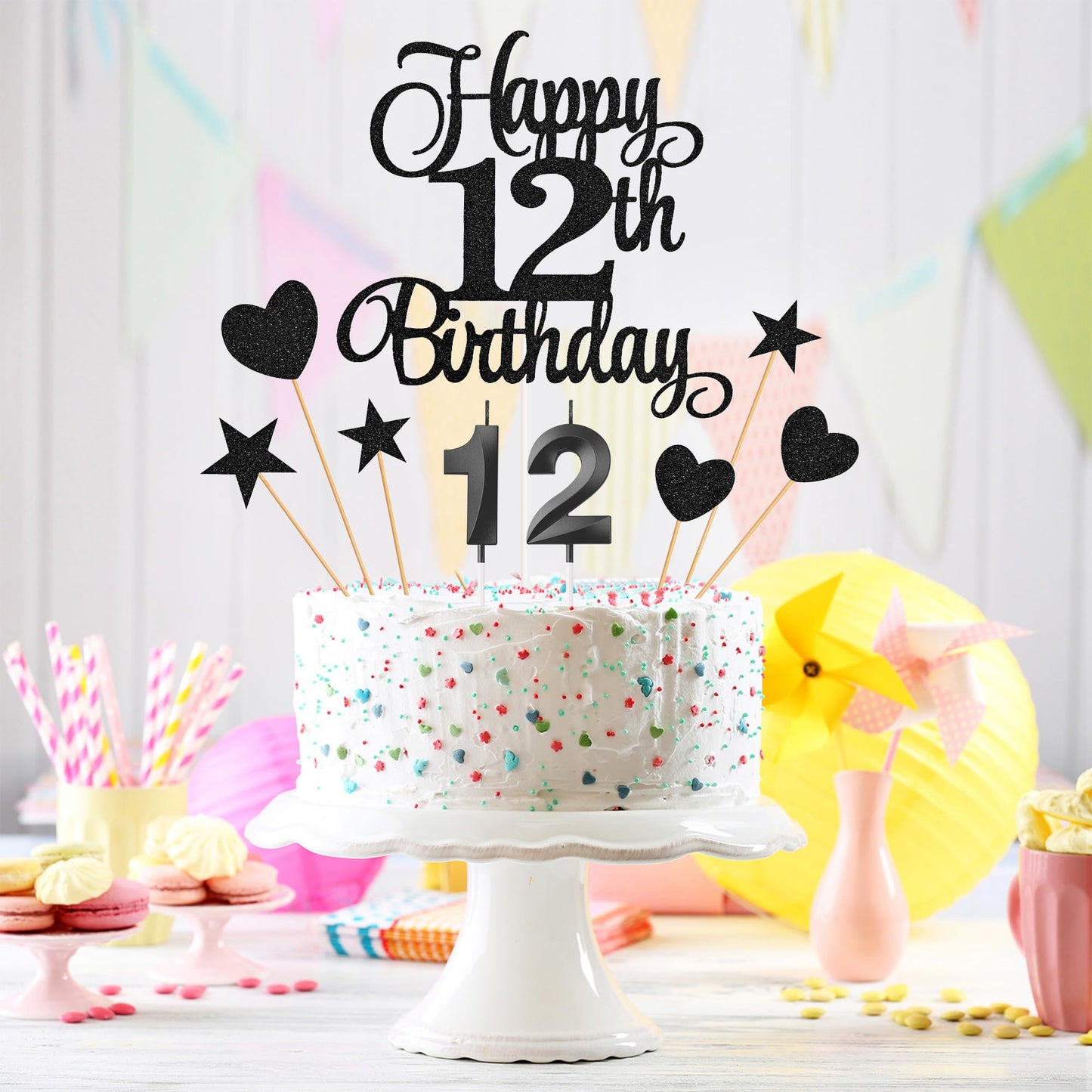 Lecferrarc 12th Birthday Cake Decorations Set, Glitter Happy 12th Birthday Toppers, Black, Paper, Includes Numeral Candles