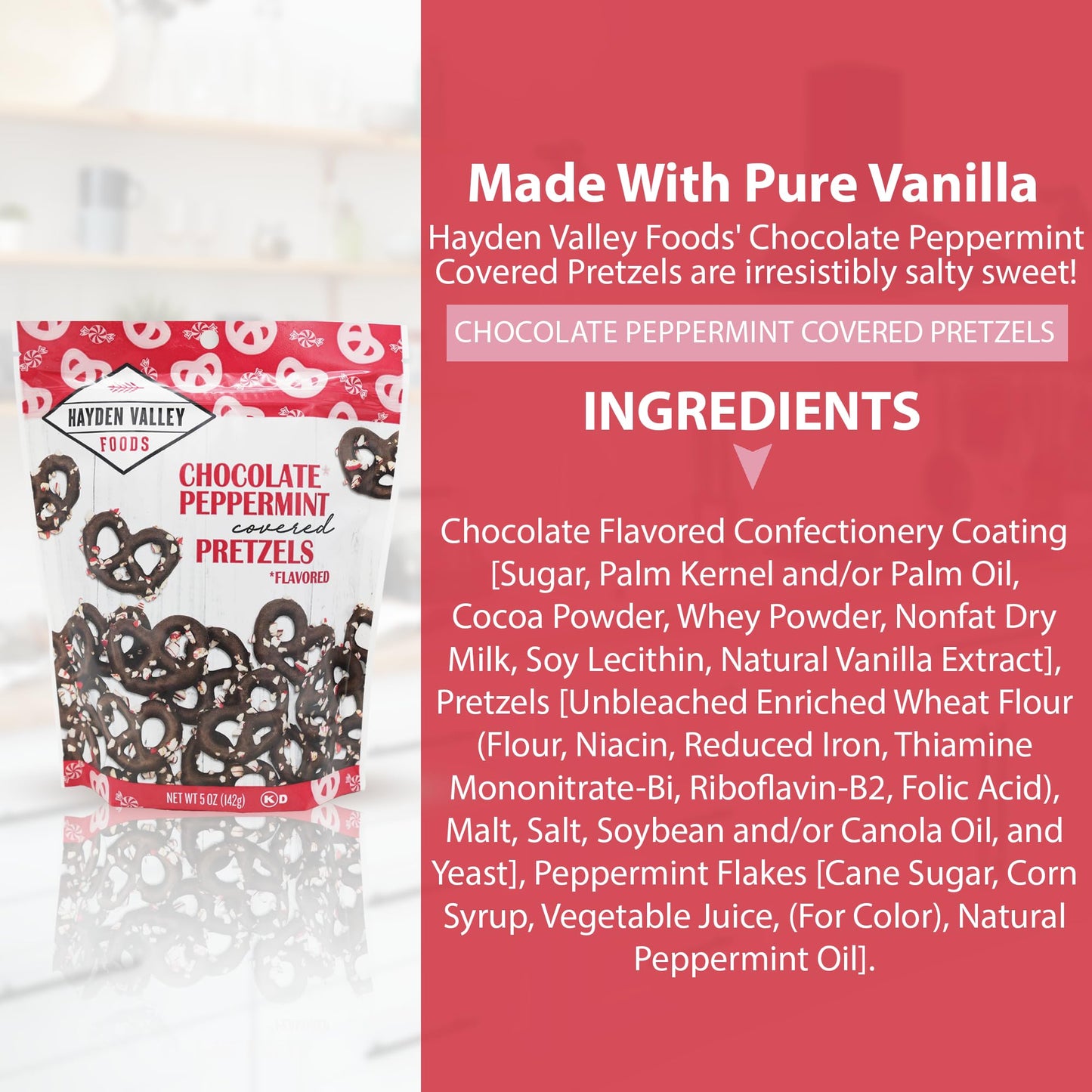 Hayden Valley Foods Chocolate Peppermint Covered Pretzels, 5 oz Bags (Pack of 3), No Artificial Flavors, Perfect Holiday Snack