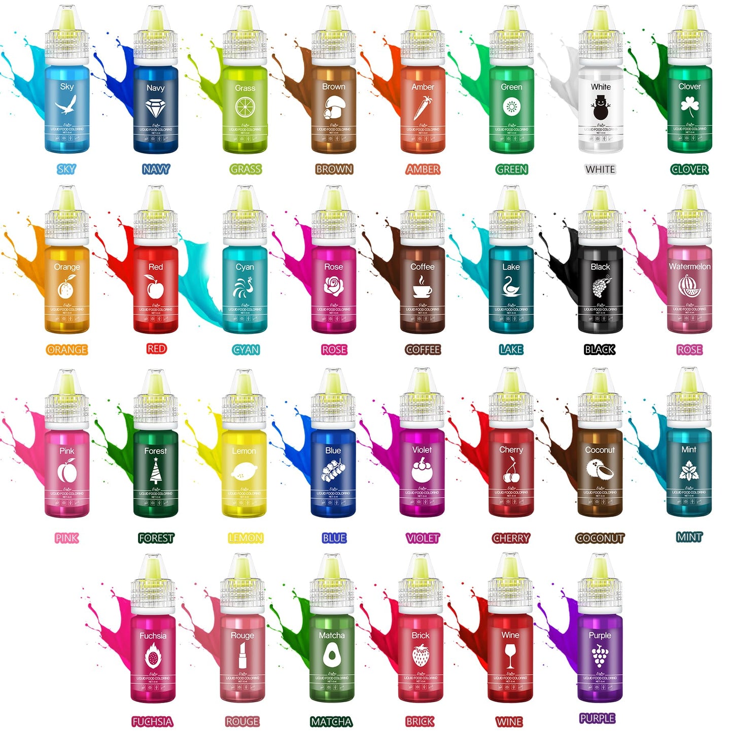 Limino Food Coloring Set - 30 Vivid Colors, Liquid Dye for Baking, Crafts - 0.25 fl. oz Bottles