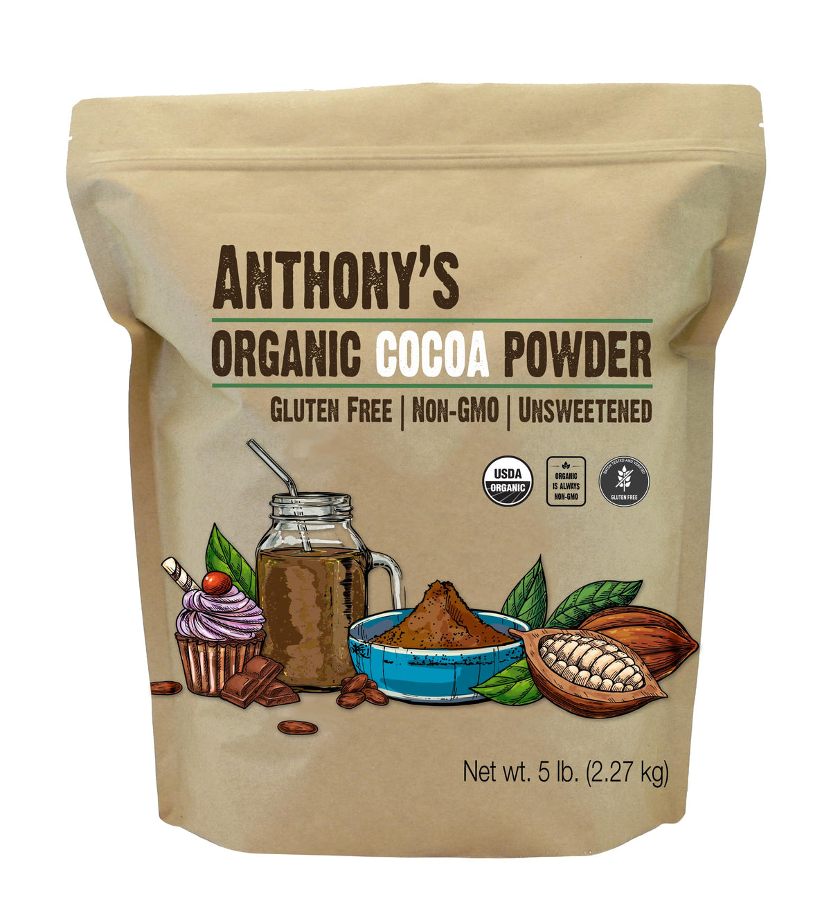 Anthonys Organic Raw Cocoa Powder, 5 lb, Batch Tested and Verified Gluten Free & Non GMO