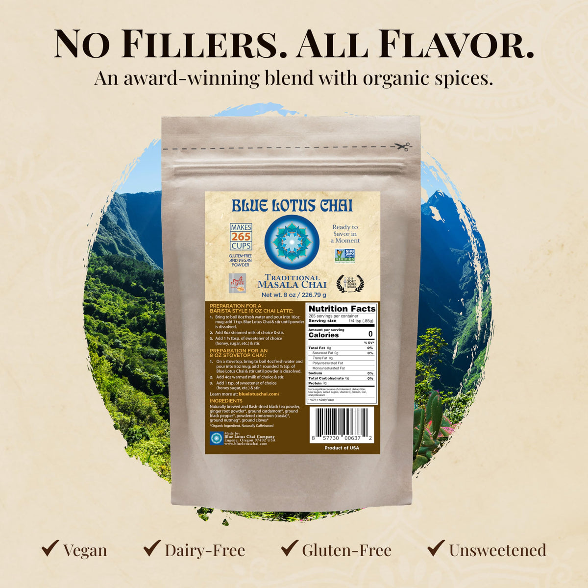Blue Lotus Chai - Traditional Masala Chai - Makes 265 Cups - Just Add Hot Water, No Steeping, No Gluten - 8 Ounce Masala Spiced