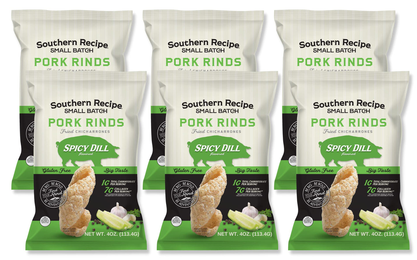 Southern Recipe Small Batch Pork Rinds | Spicy Dill Flavor | Keto Friendly, Gluten Free, Low Carb Food | 7G Collagen Per Serving