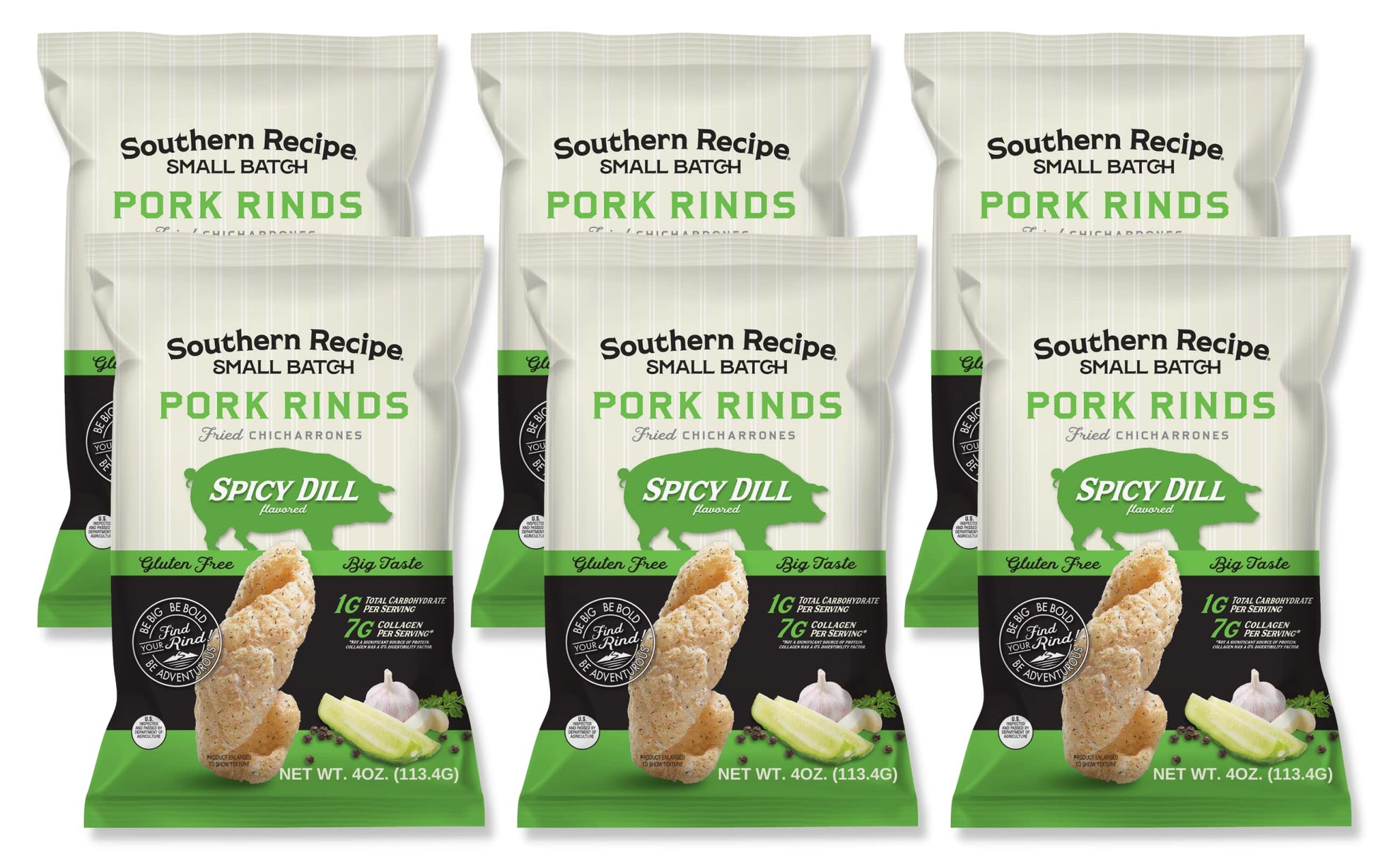 Southern Recipe Small Batch Pork Rinds | Spicy Dill Flavor | Keto Friendly, Gluten Free, Low Carb Food | 7G Collagen Per Serving