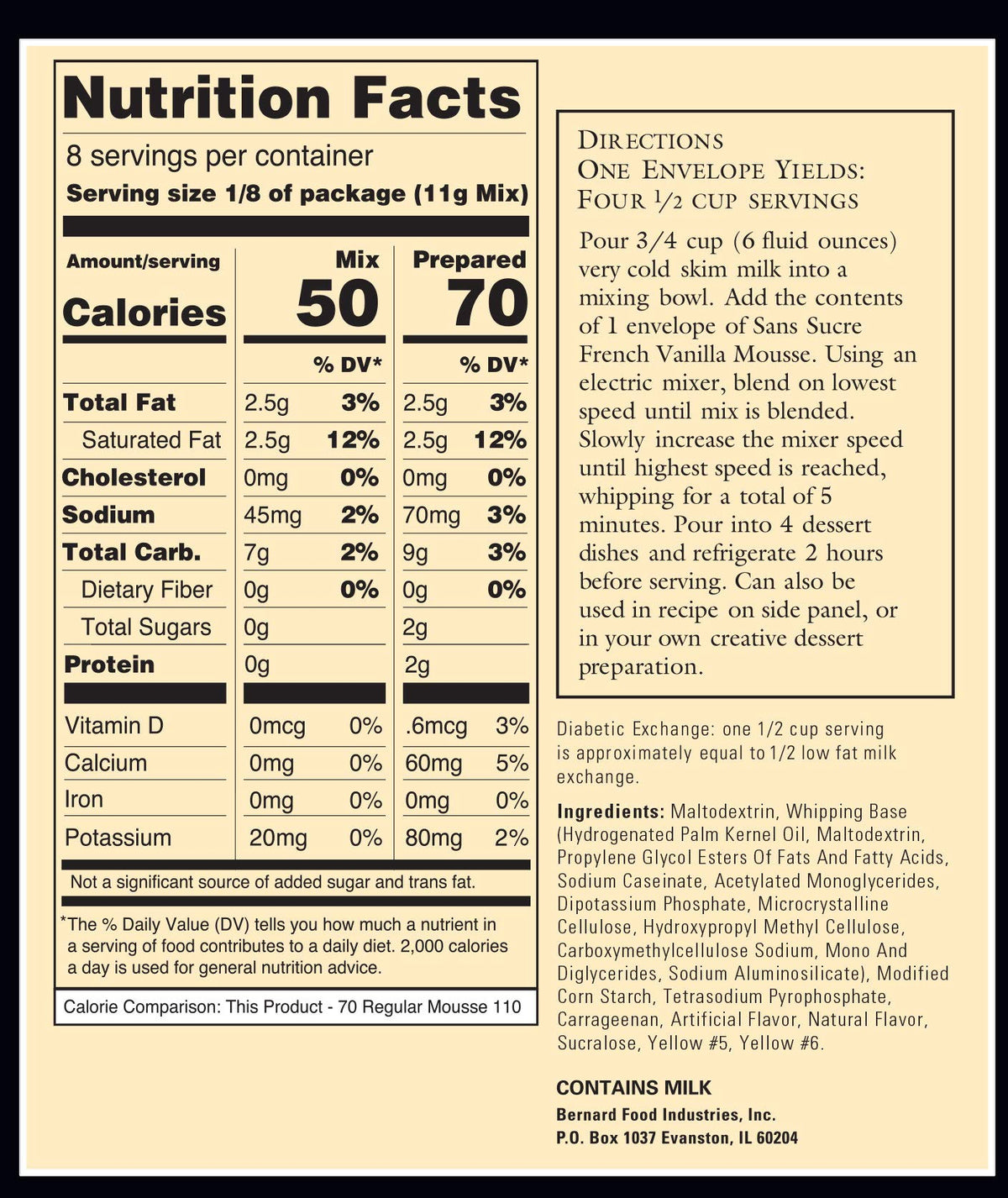 Sans Sucre Mousse Mix - SUGAR FREE, LOW FAT French Vanilla TWO 1.5 OZ ENVELOPES NET WT. 3 OZ. (85G)