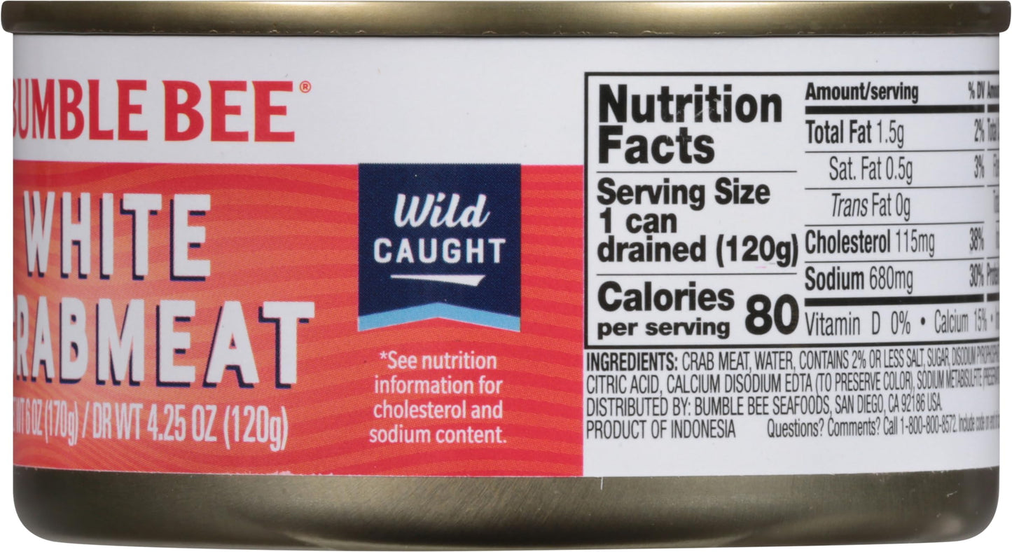 Bumble Bee White Flake Crab Meat in Water, 6 oz Can - 14g Protein & 1g Carb Per Serving - Wild Caught, Flaky, Drain Before Use,