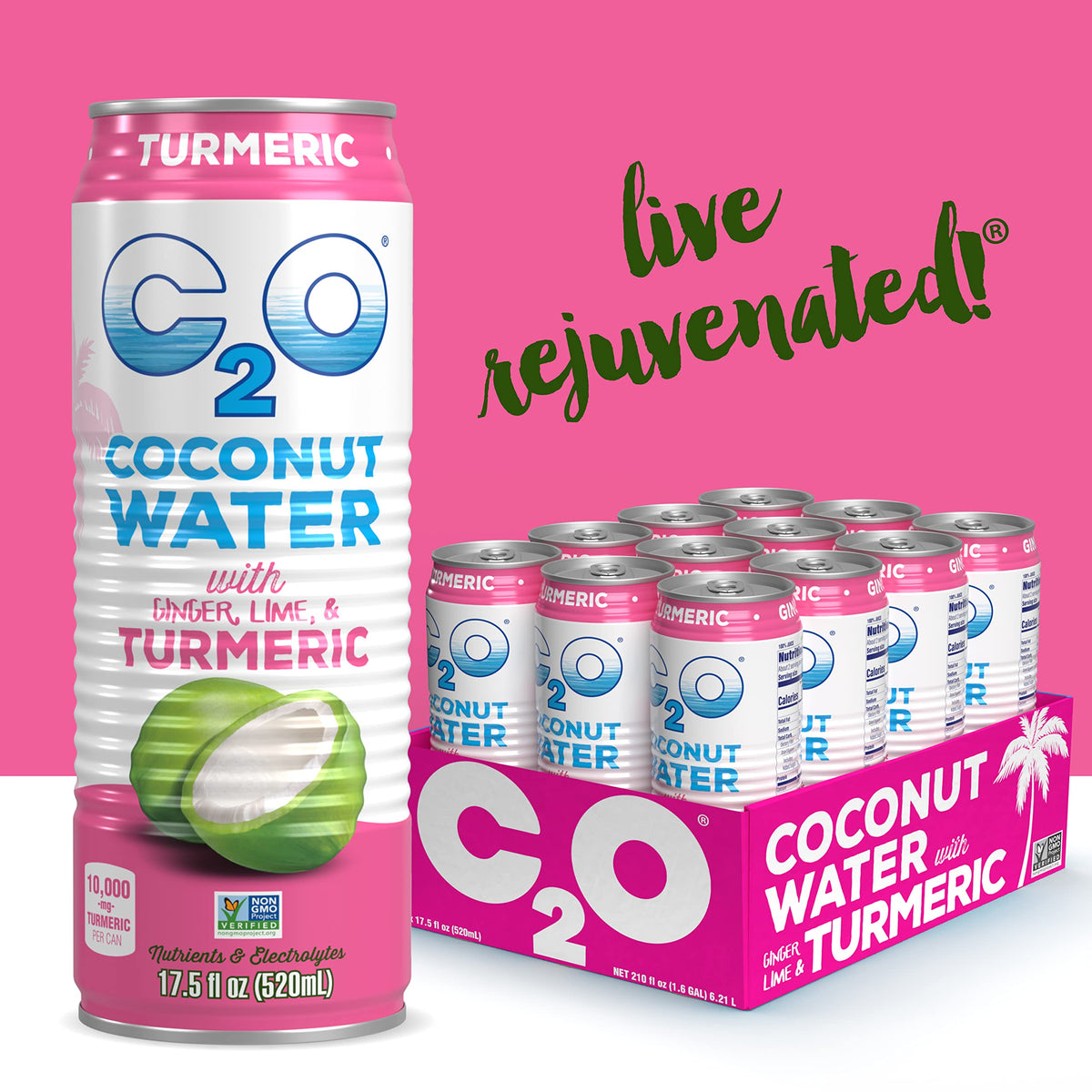 C2O Coconut Water with Ginger, Lime & Turmeric - 12 Pack, 17.5 FL OZ - Non-GMO Natural Hydration & Electrolytes