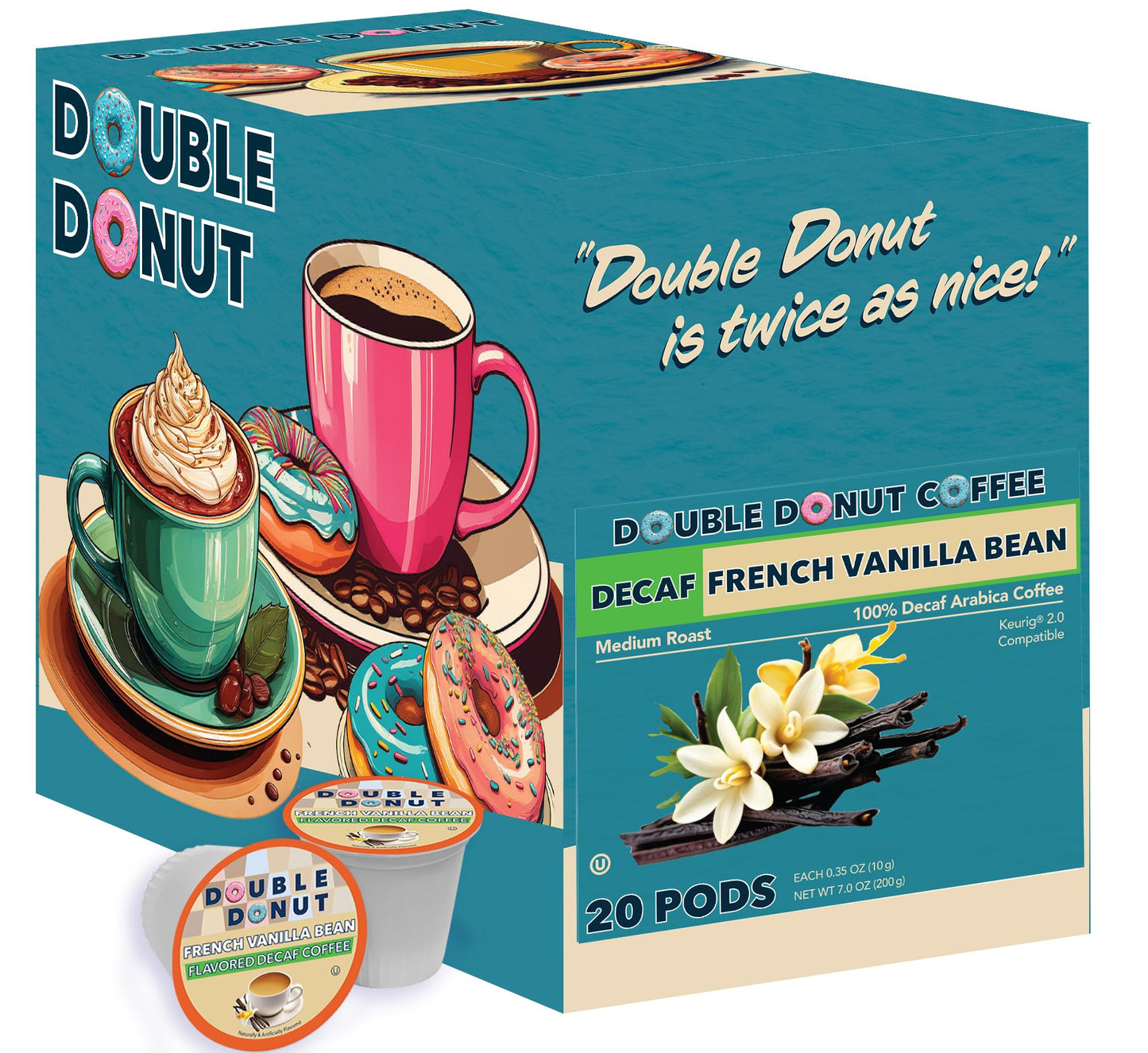 Double Donut Coffee Decaf French Vanilla Coffee Pods, Medium Roast, 20 Count, For Keurig K Cup malt-inspired
