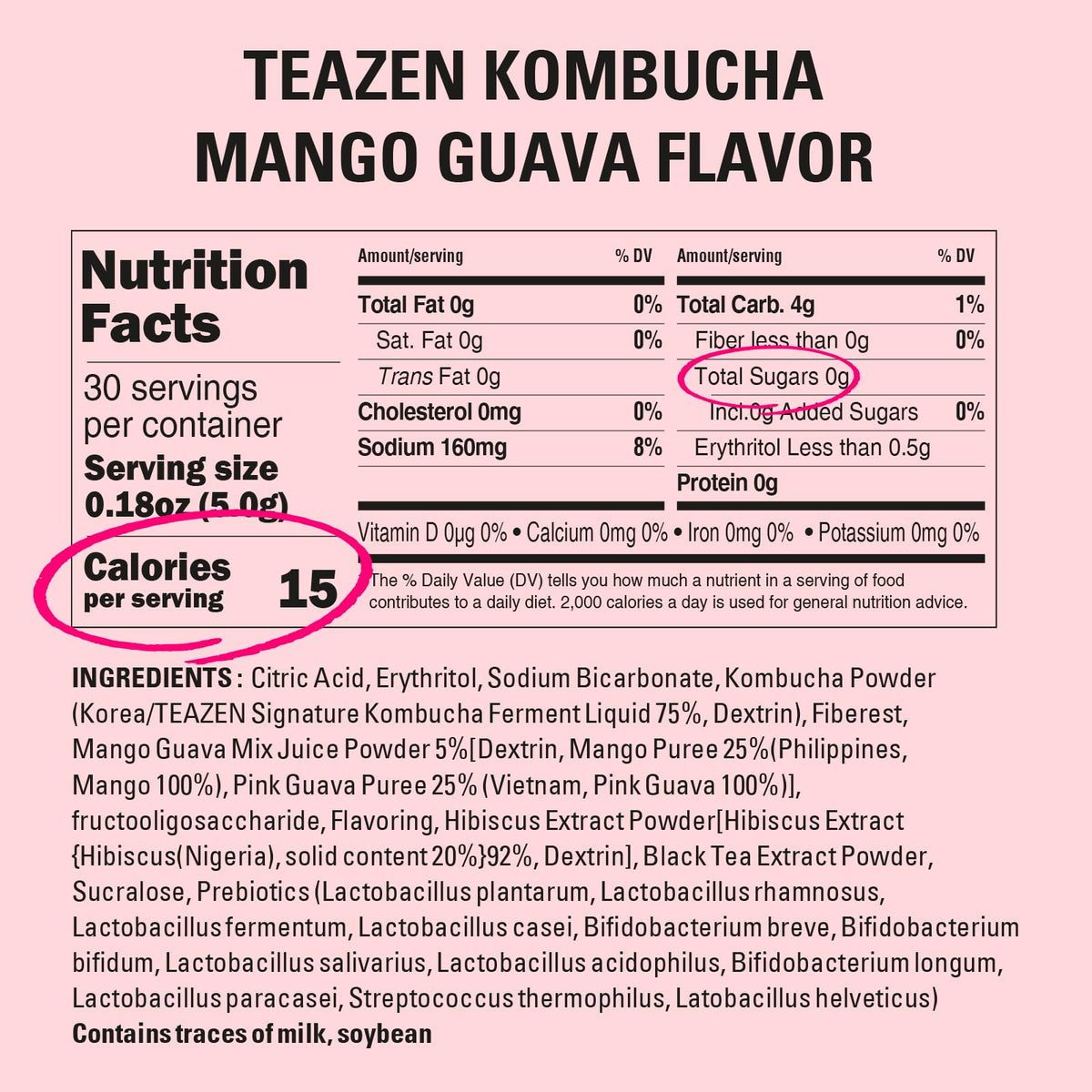 TEAZEN Mango Guava Kombucha Tea, Sugar Free, Live Probiotics, 30 Servings, Hydration Drink Mix